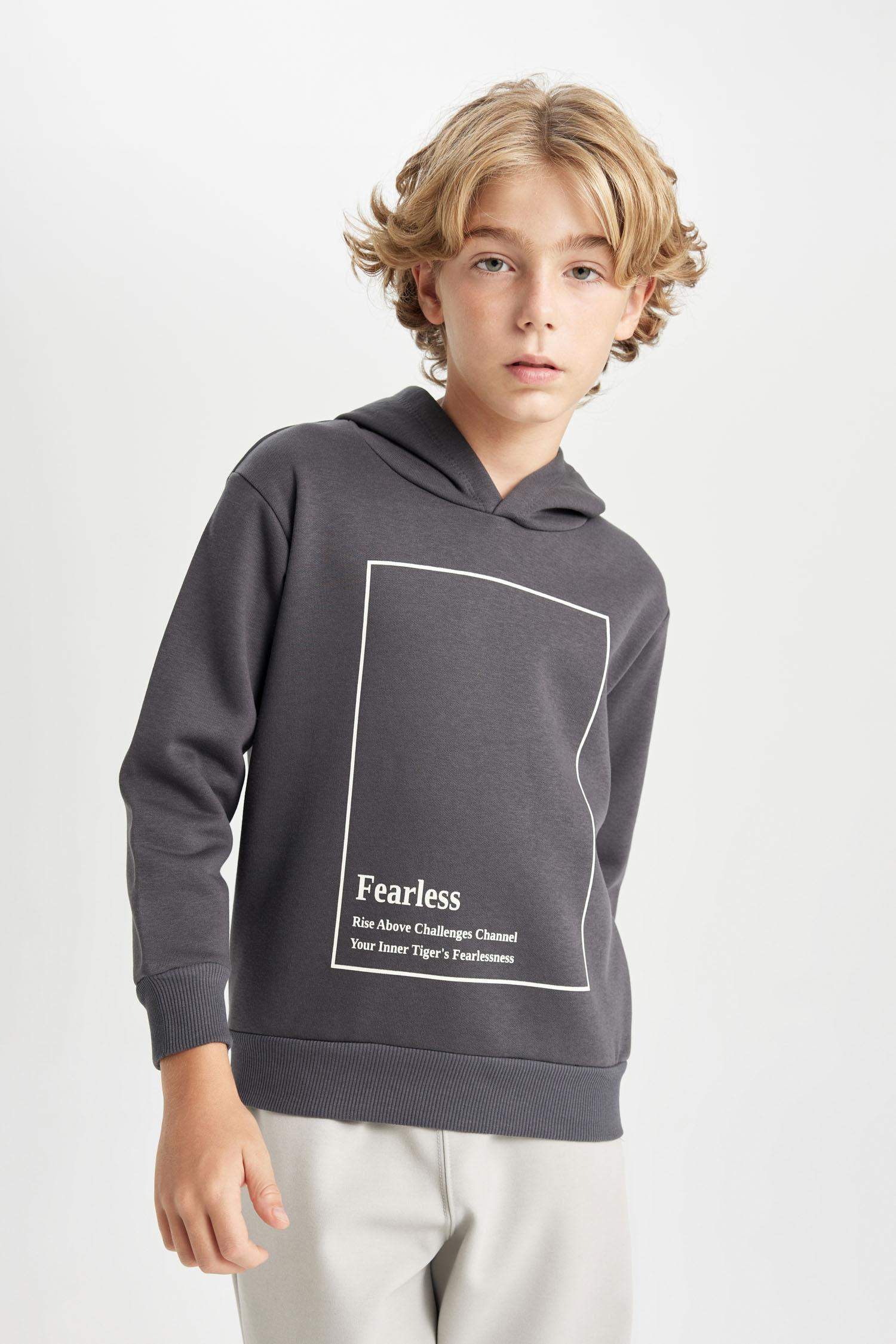 Erkek Çocuk Antrasit Kapüşonlu Baskılı Sweatshirt