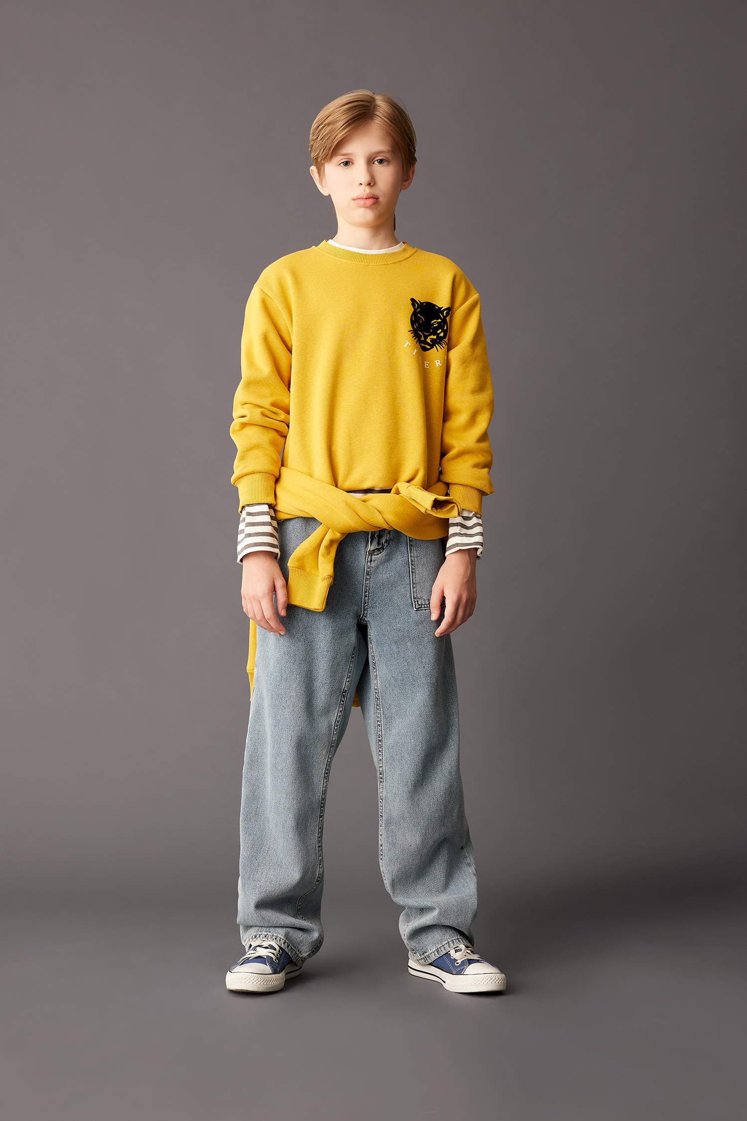 سويت شيرت ولادي قصة عادية بياخة مستديرة بطبعة نمر