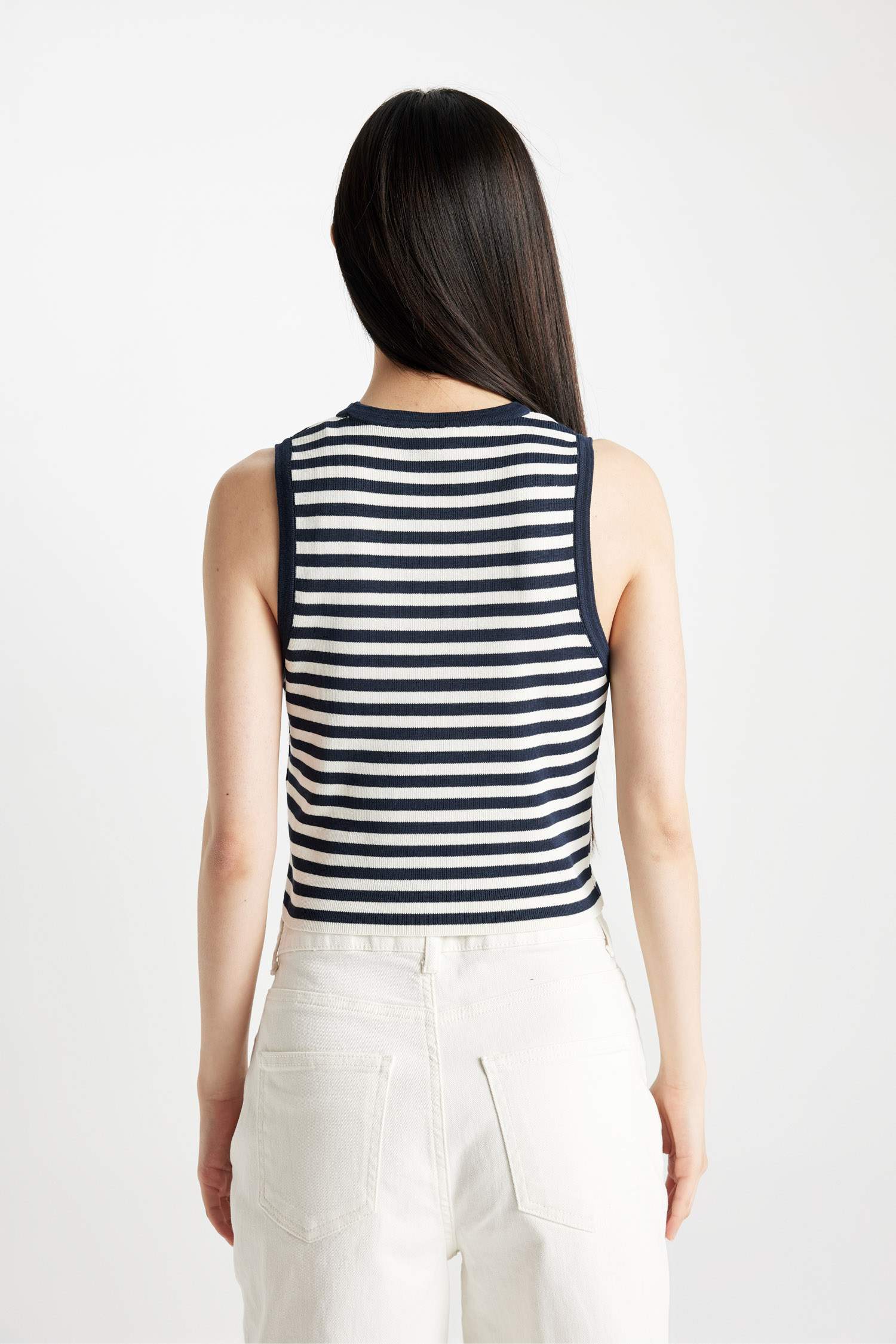 Fitted Çizgili Halter Yaka Triko Atlet