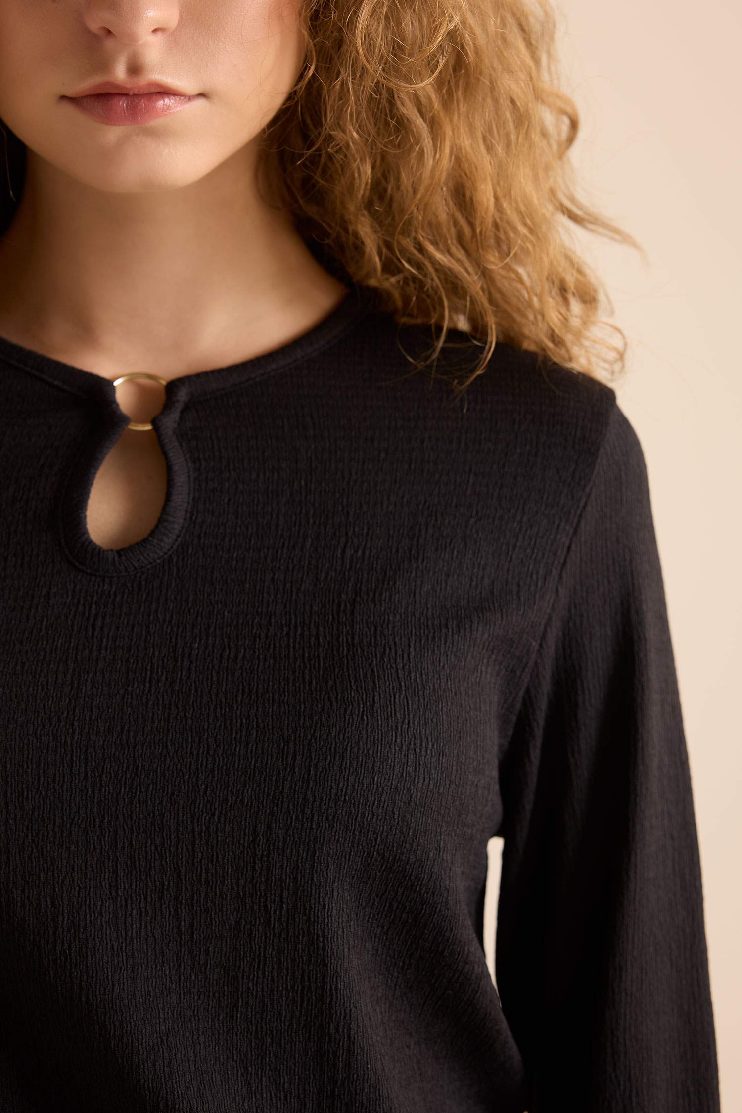 Regular Fit Bisiklet Yaka Bürümcük Uzun Kollu Tişört