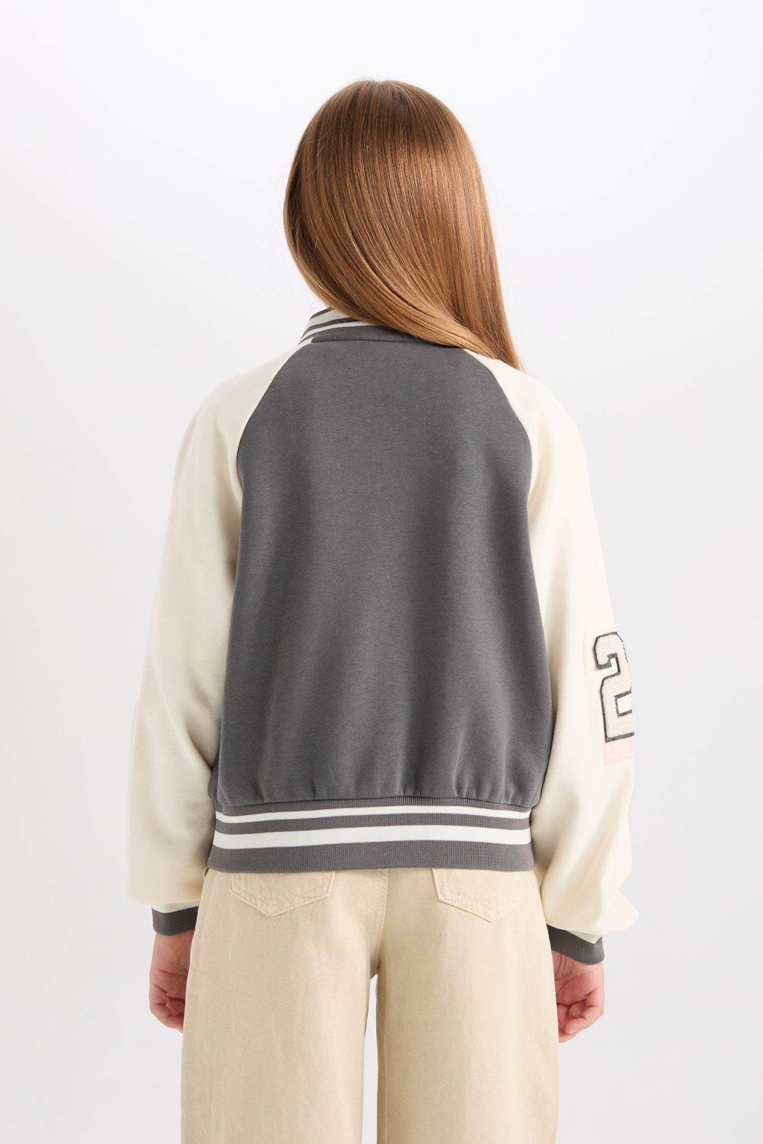 Kız Çocuk Nakışlı Kolej Yaka Çıtçıtlı İçi Yumuşak Tüylü Bomber Ceket