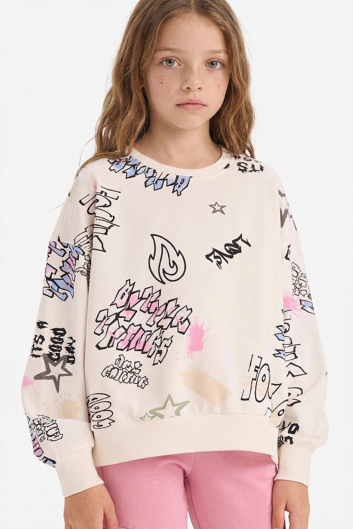 Kız Çocuk Oversize Geniş Kalıp Bisiklet Yaka 3D Baskılı Sweatshirt