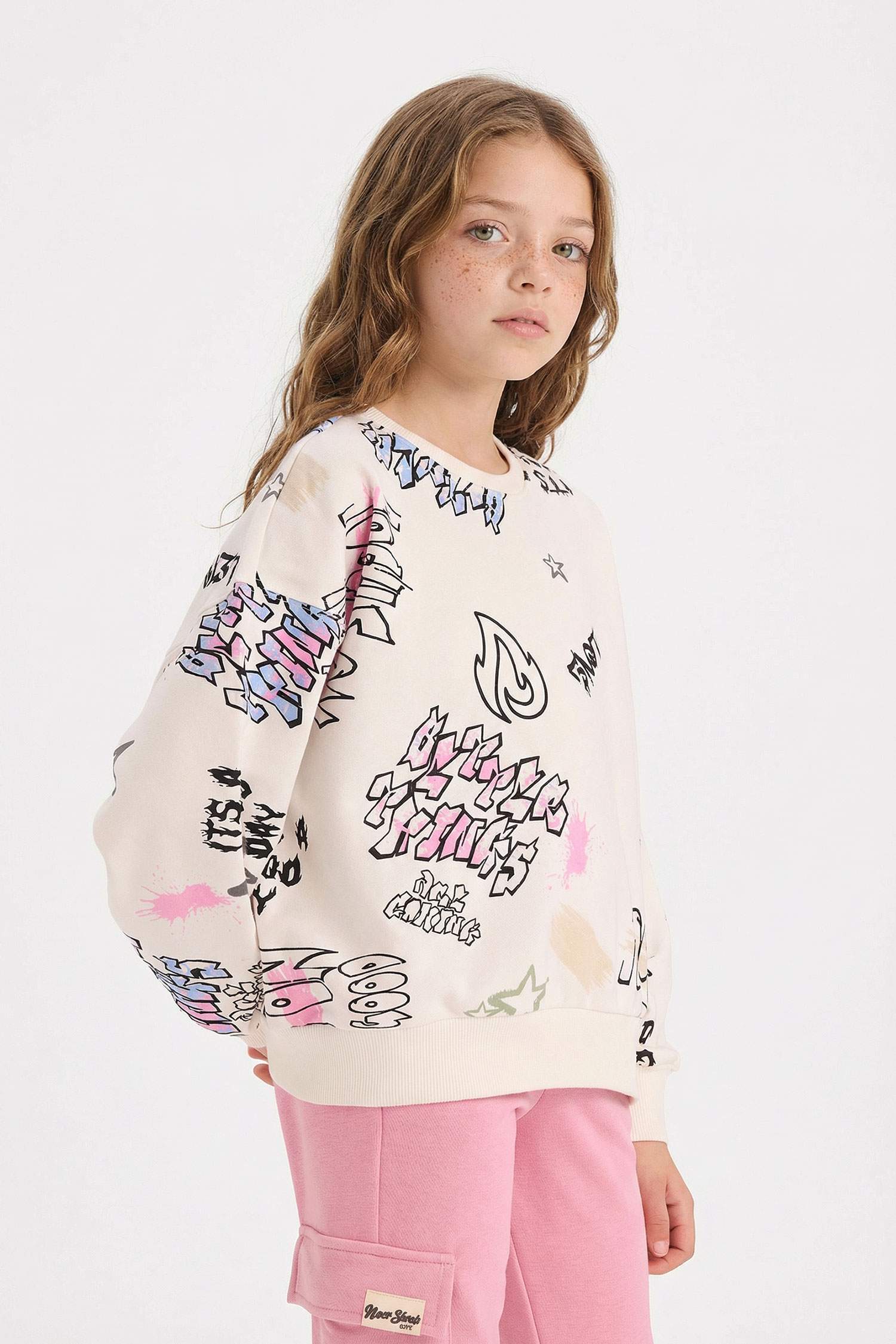 Kız Çocuk Oversize Geniş Kalıp Bisiklet Yaka 3D Baskılı Sweatshirt