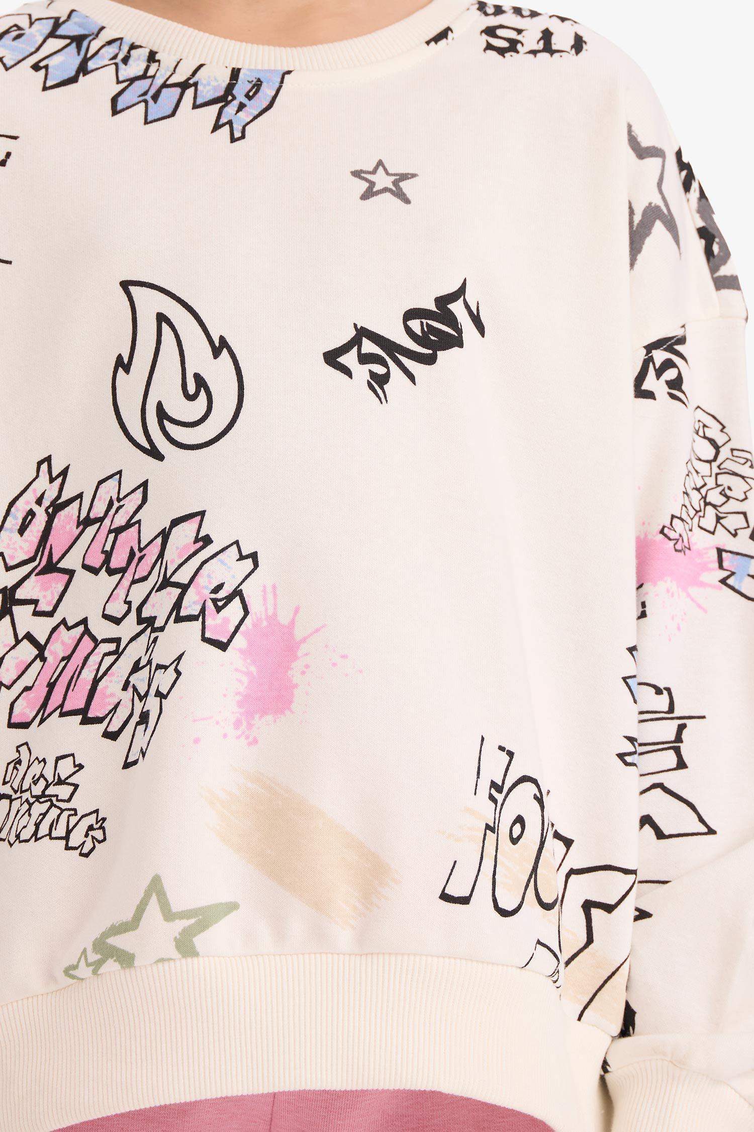 Kız Çocuk Oversize Geniş Kalıp Bisiklet Yaka 3D Baskılı Sweatshirt