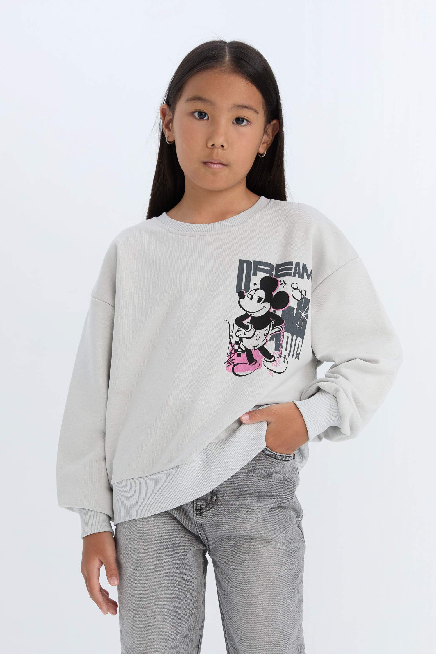 Kız Çocuk Disney Mickey & Minnie Relax Fit Bisiklet Yaka Sweatshirt