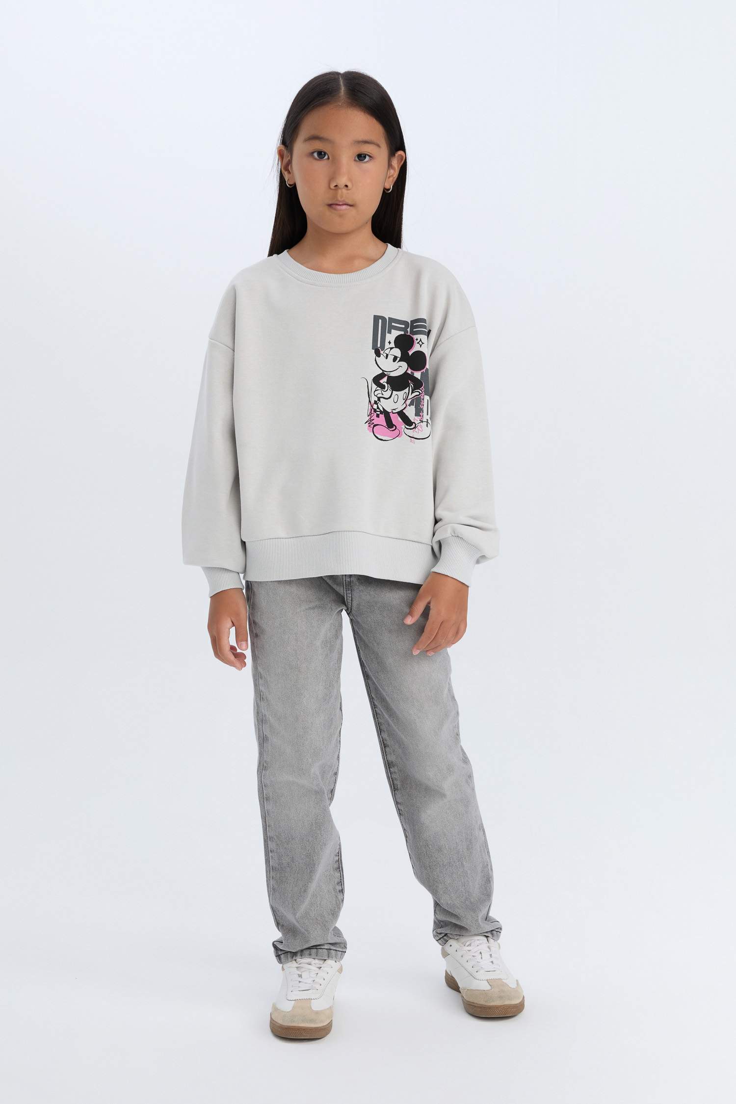Kız Çocuk Disney Mickey & Minnie Relax Fit Bisiklet Yaka Sweatshirt