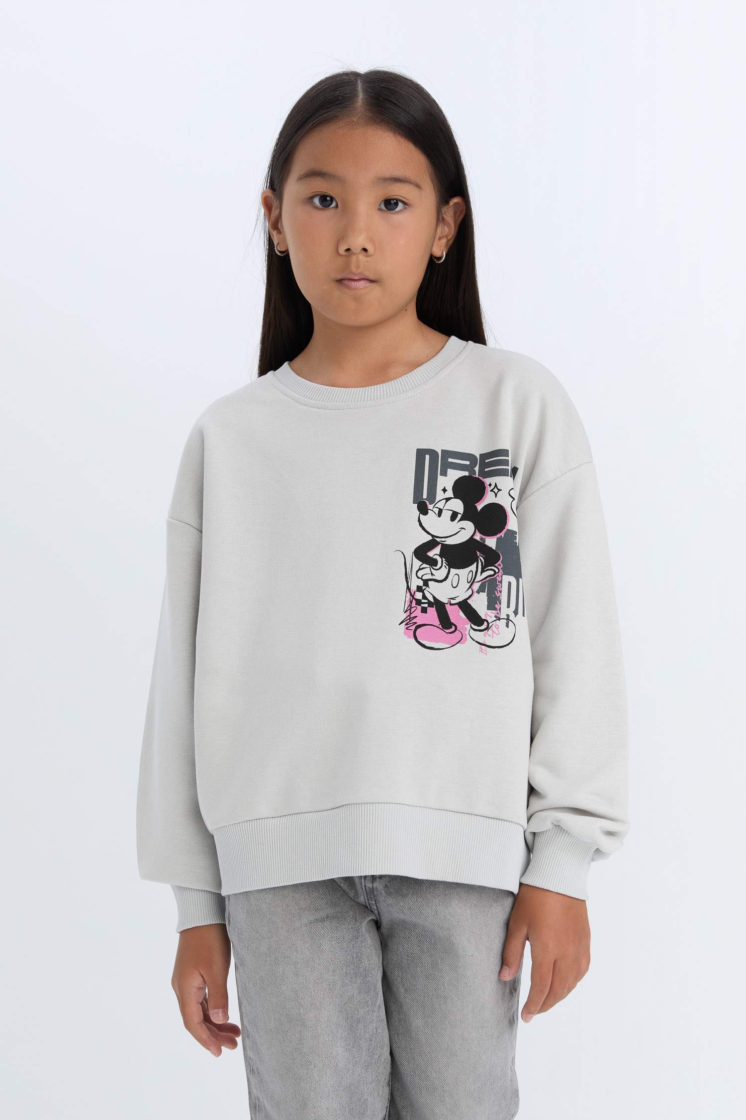 Kız Çocuk Disney Mickey & Minnie Relax Fit Bisiklet Yaka Sweatshirt