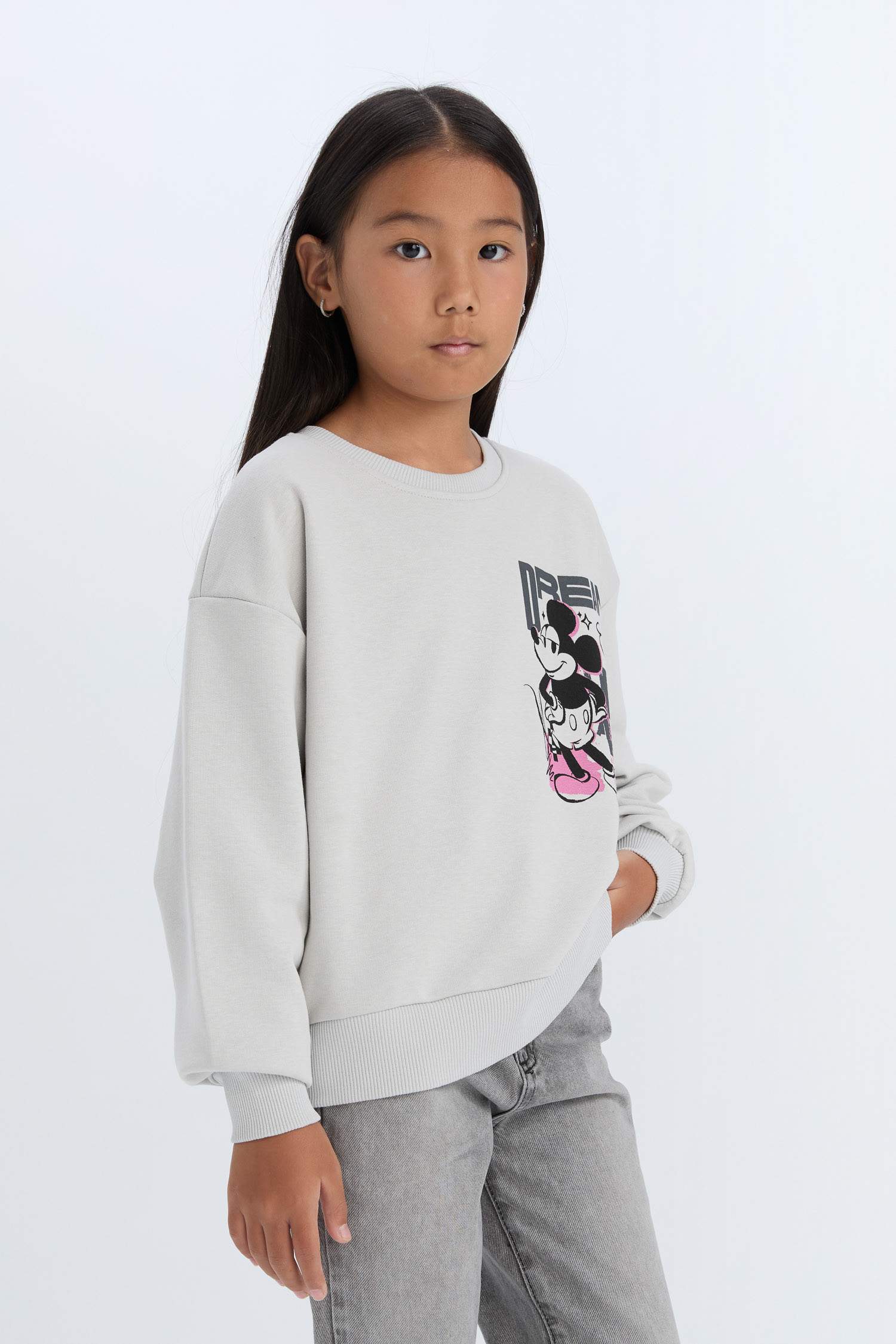 Kız Çocuk Disney Mickey & Minnie Relax Fit Bisiklet Yaka Sweatshirt