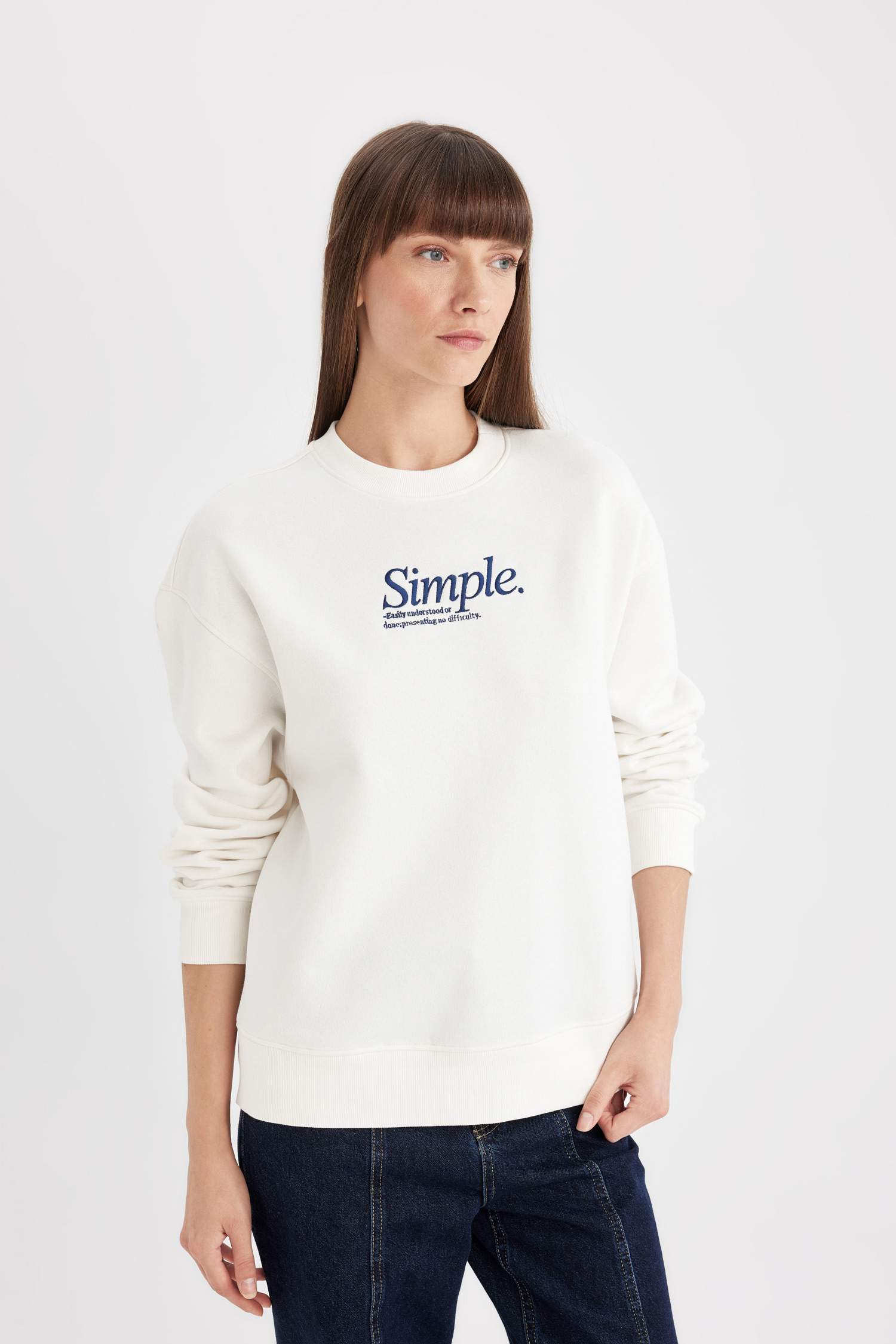 Relax Fit Bisiklet Yaka Baskılı Kalın Sweatshirt