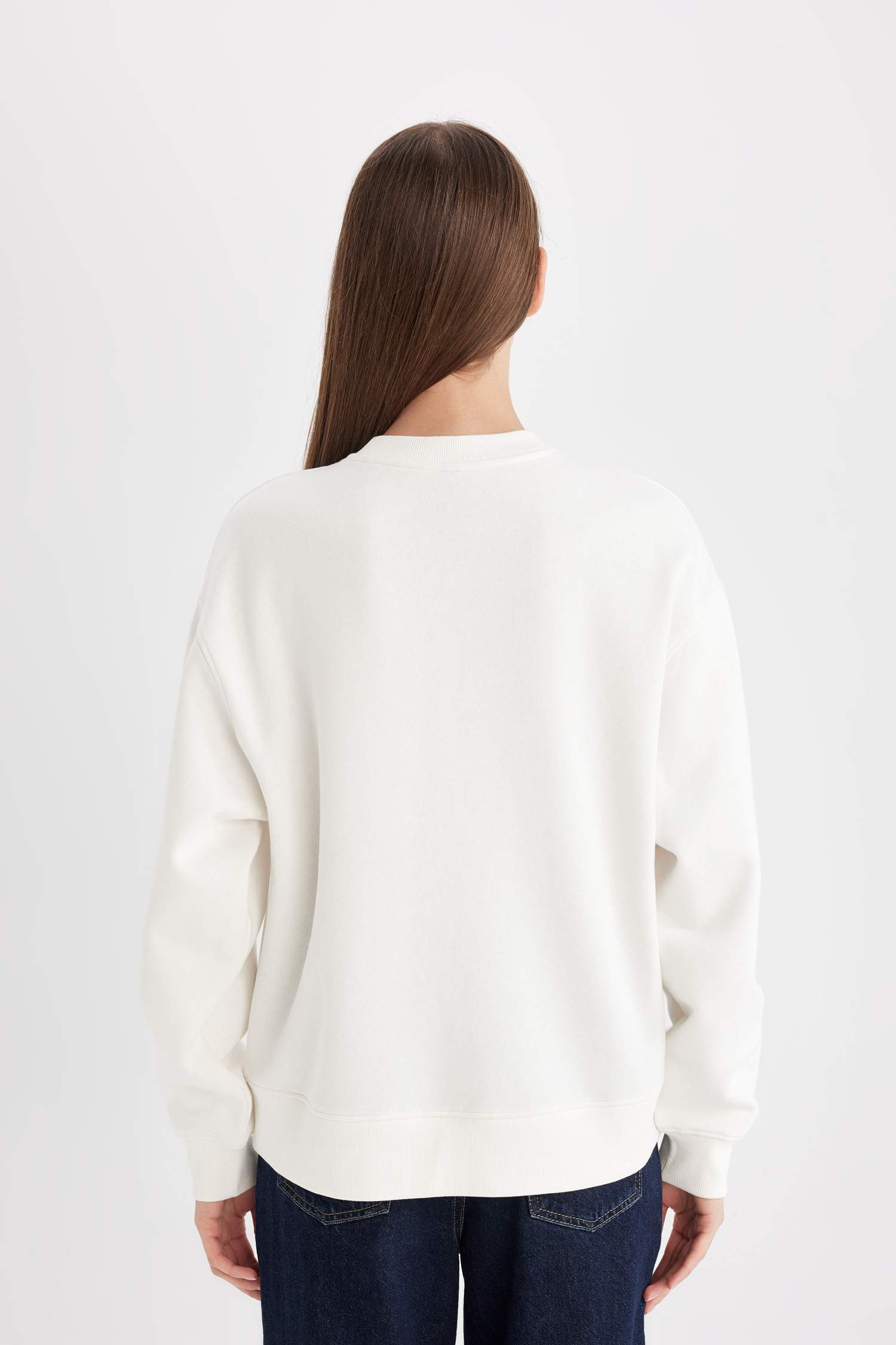 Relax Fit Bisiklet Yaka Baskılı Kalın Sweatshirt