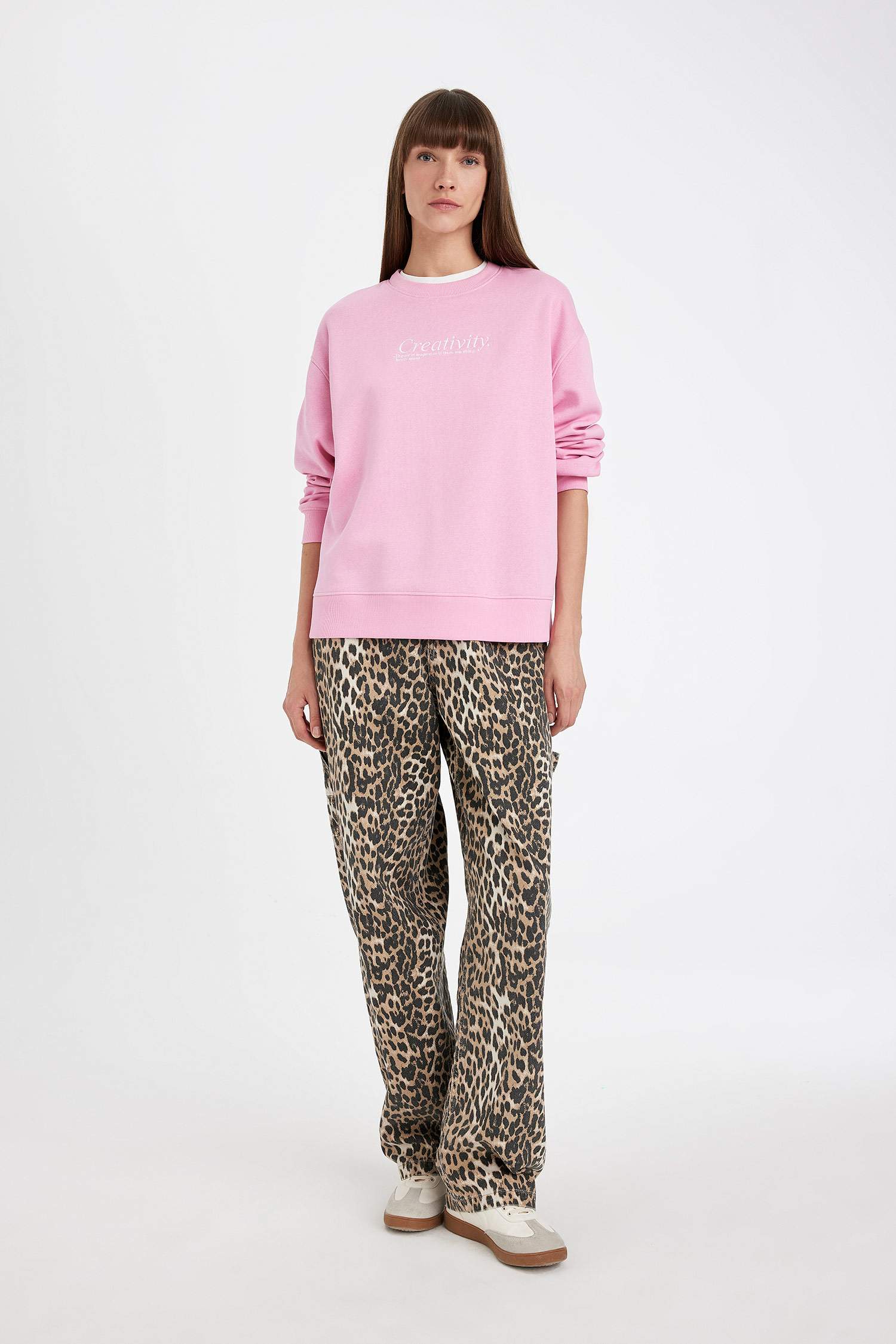 Relax Fit Bisiklet Yaka Baskılı Kalın Sweatshirt