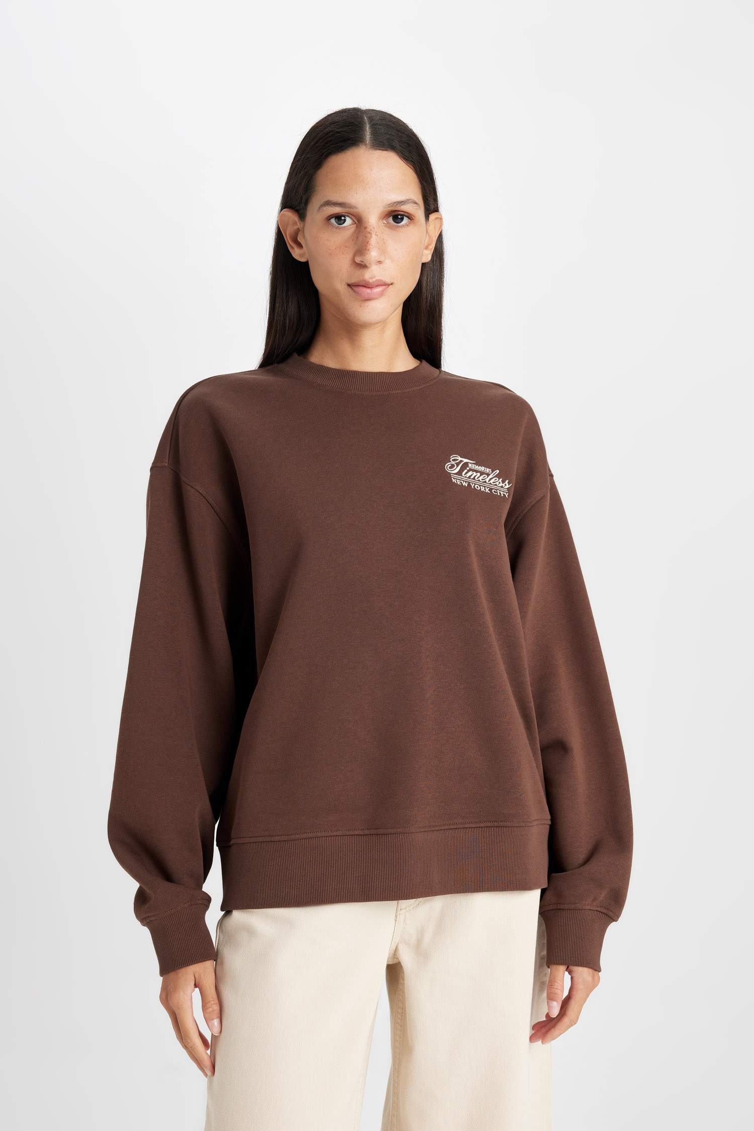 Relax Fit Bisiklet Yaka Baskılı Kalın Sweatshirt