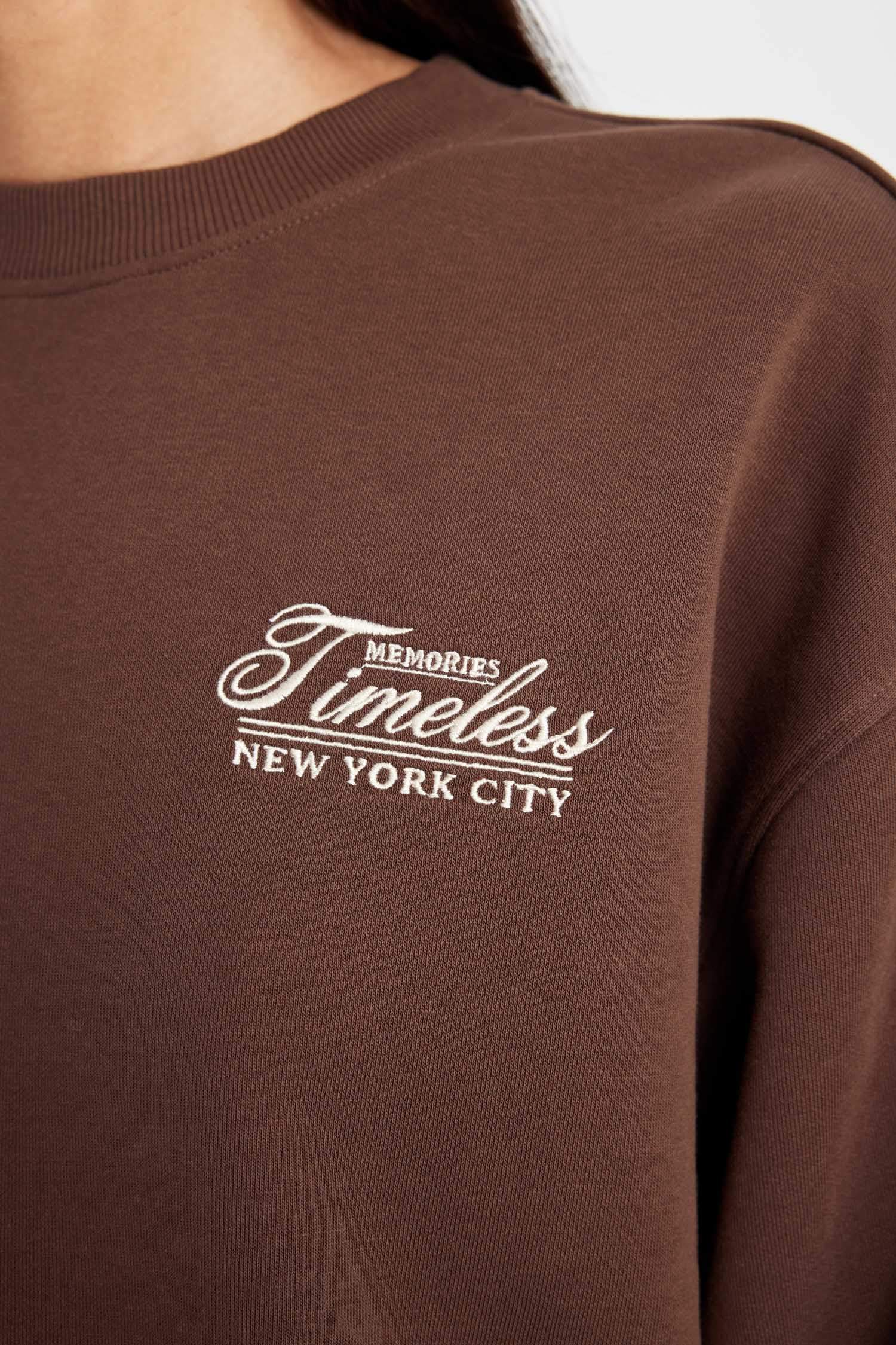 Relax Fit Bisiklet Yaka Baskılı Kalın Sweatshirt