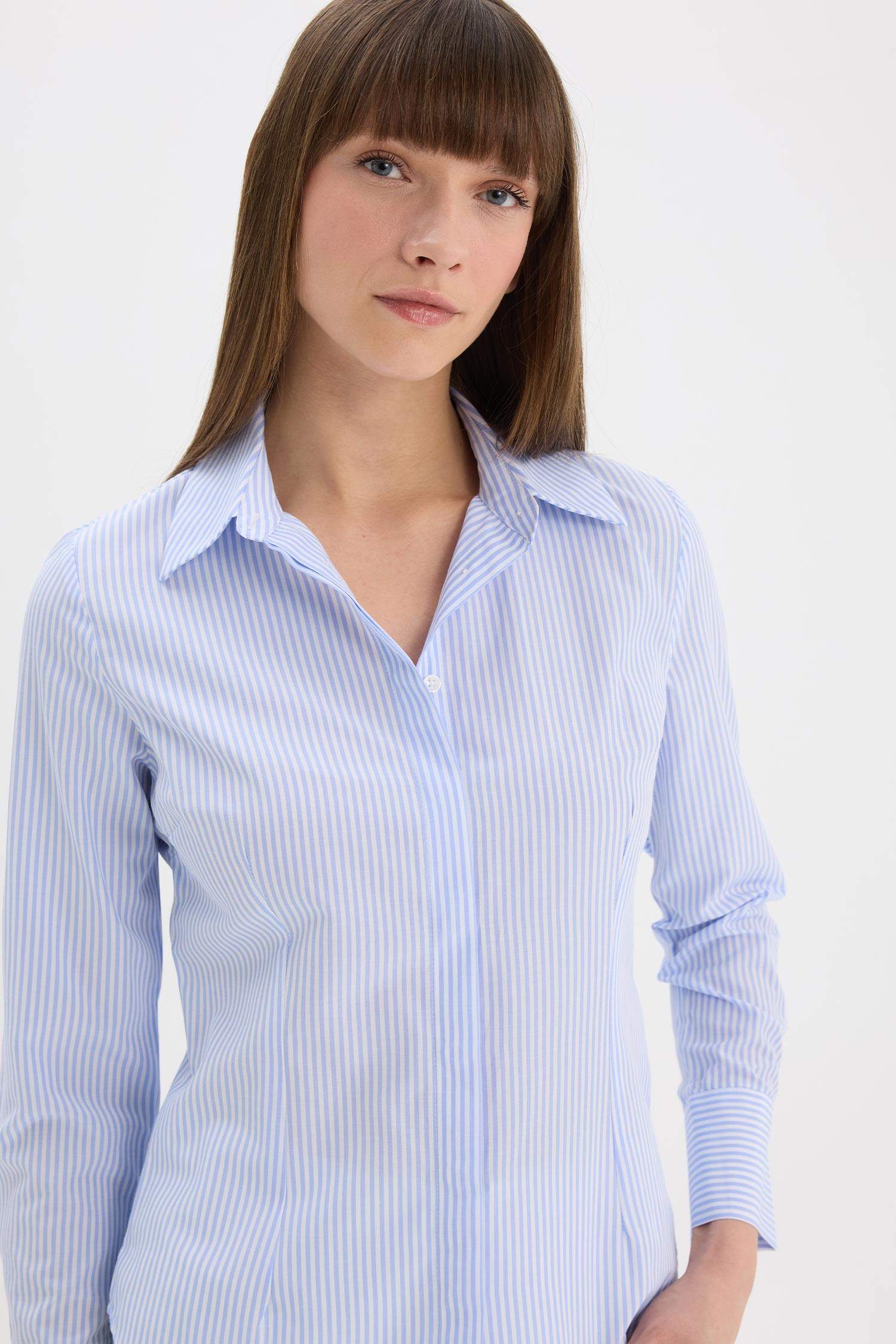 Fitted Basic Düz Poplin Uzun Kollu Gömlek