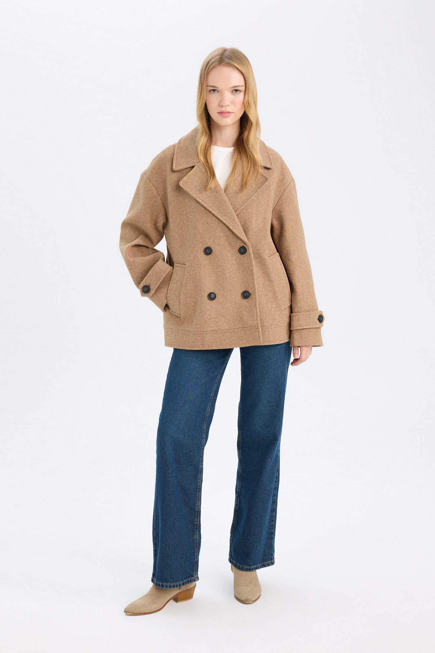 Regular Fit Ceket Yaka Cepli Astarlı Kısa Kaşe Kaban