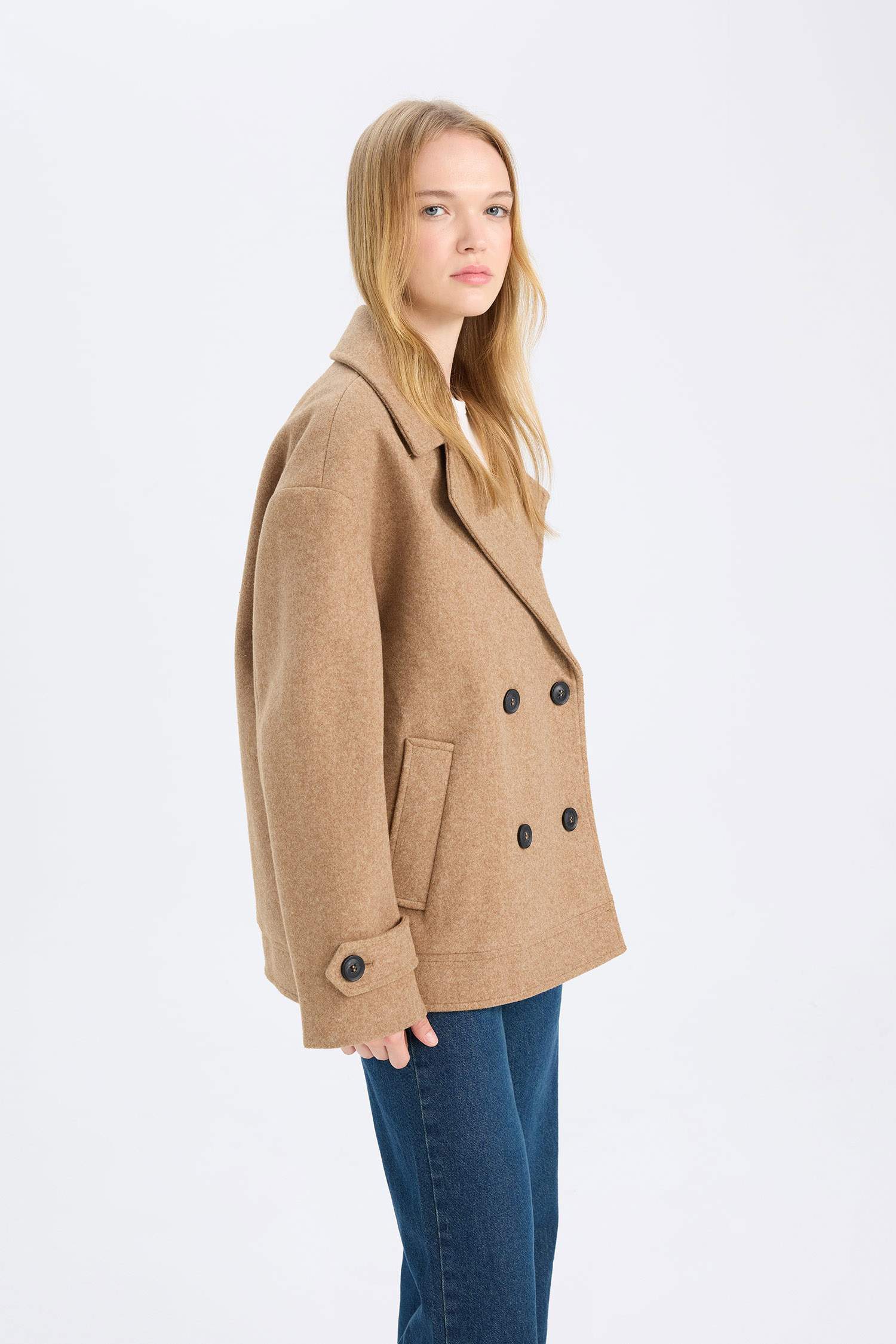 Regular Fit Ceket Yaka Cepli Astarlı Kısa Kaşe Kaban