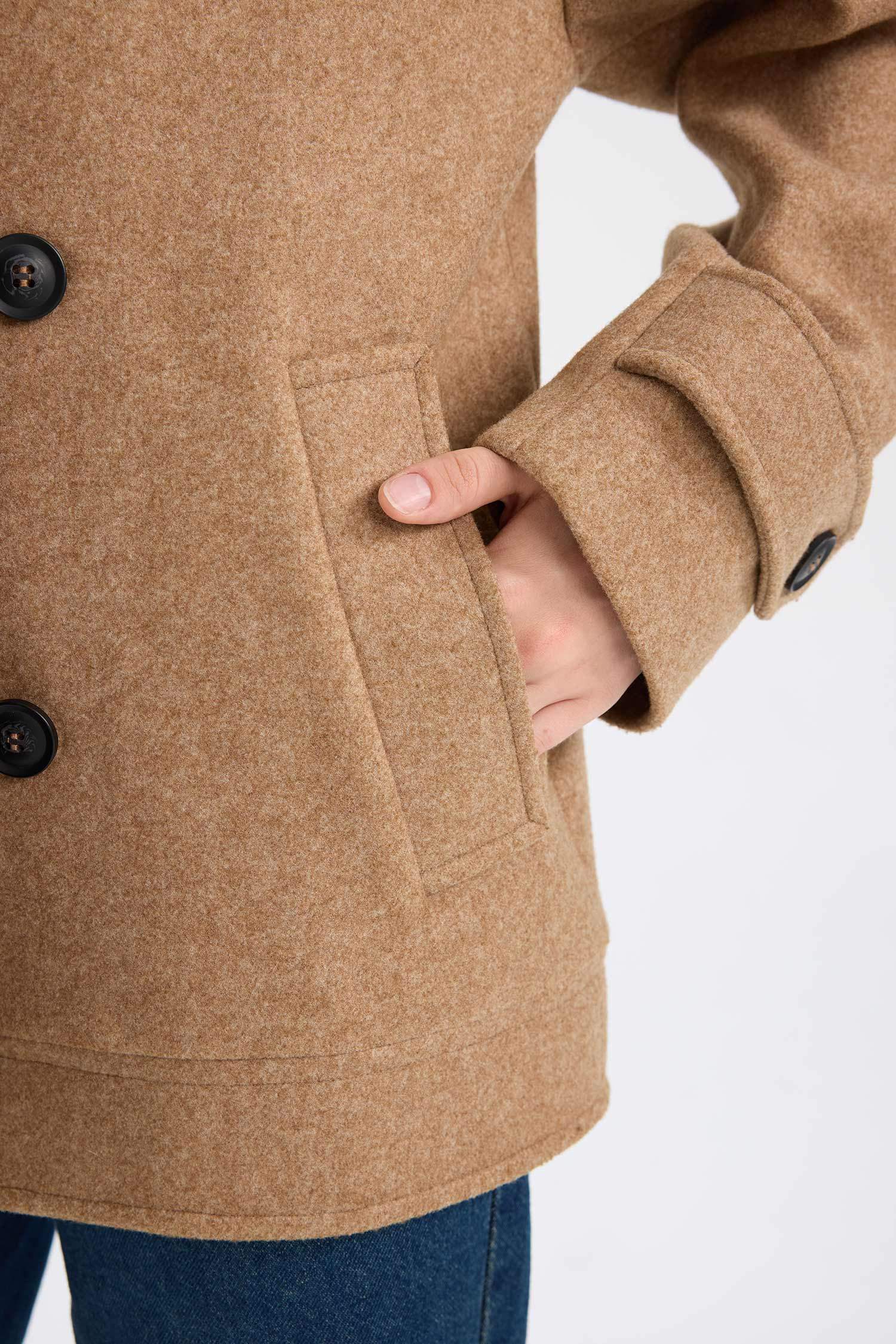 Regular Fit Ceket Yaka Cepli Astarlı Kısa Kaşe Kaban