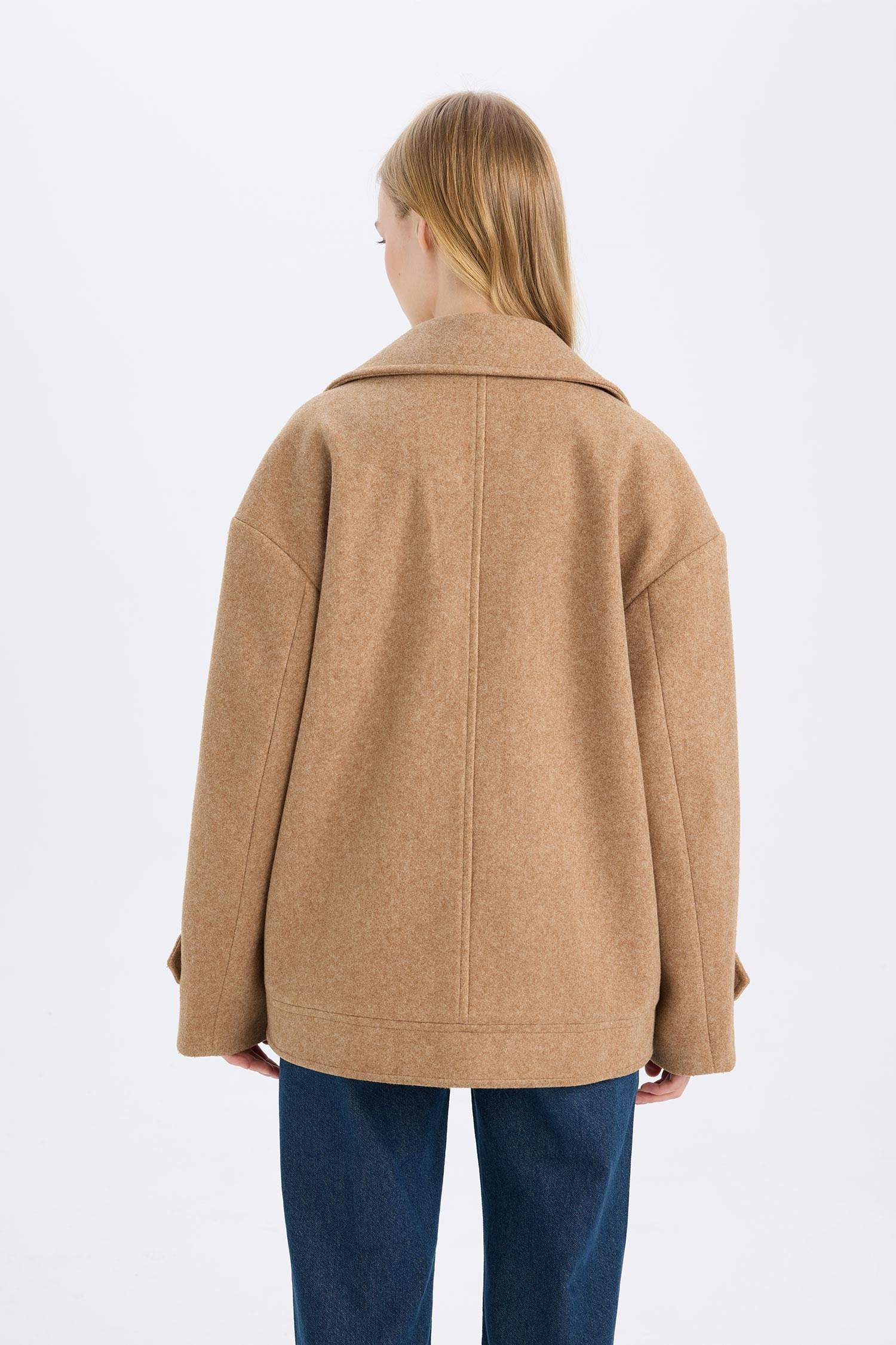 Regular Fit Ceket Yaka Cepli Astarlı Kısa Kaşe Kaban