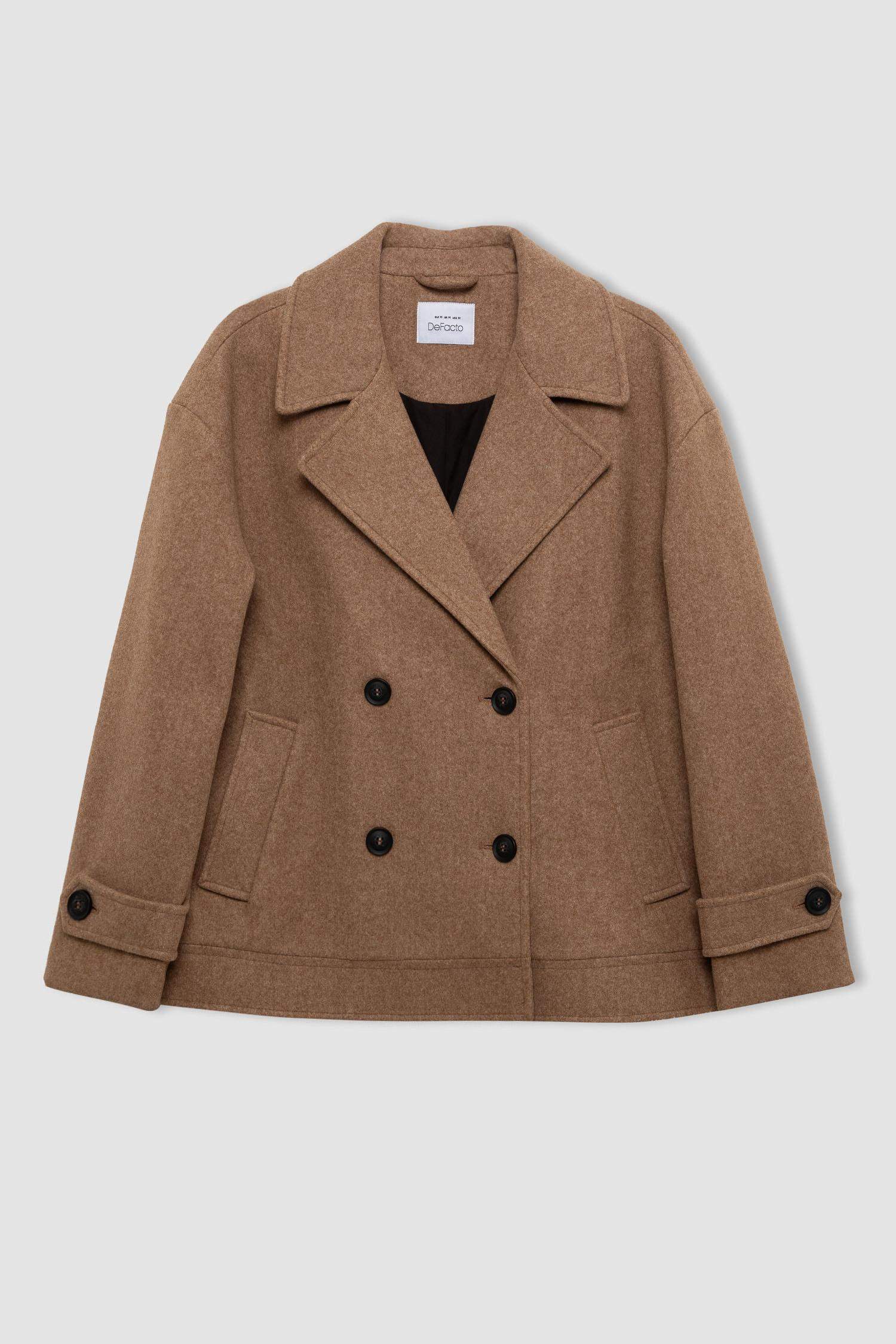 Regular Fit Ceket Yaka Cepli Astarlı Kısa Kaşe Kaban