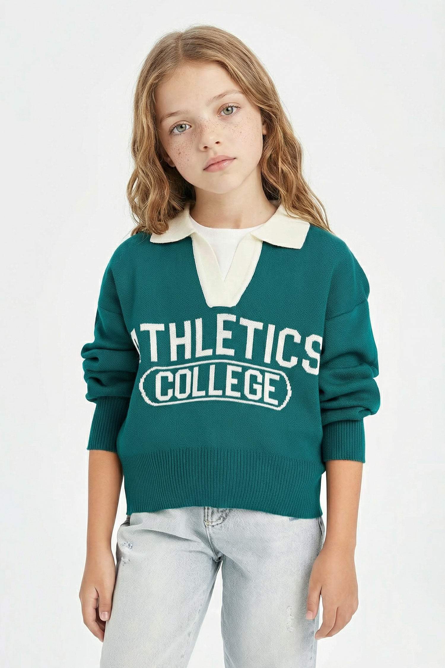 Kız Çocuk Okul Polo Yaka Yazı Baskılı Triko Kazak