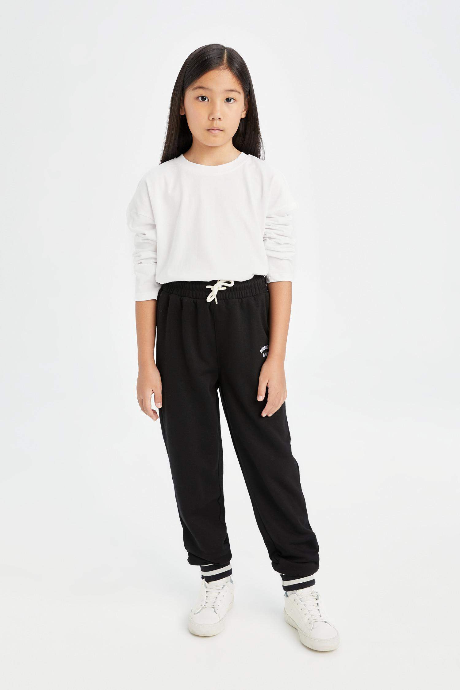 Kız Çocuk Siyah Beli Paçası Lastikli Baskılı Jogger Eşofman Altı