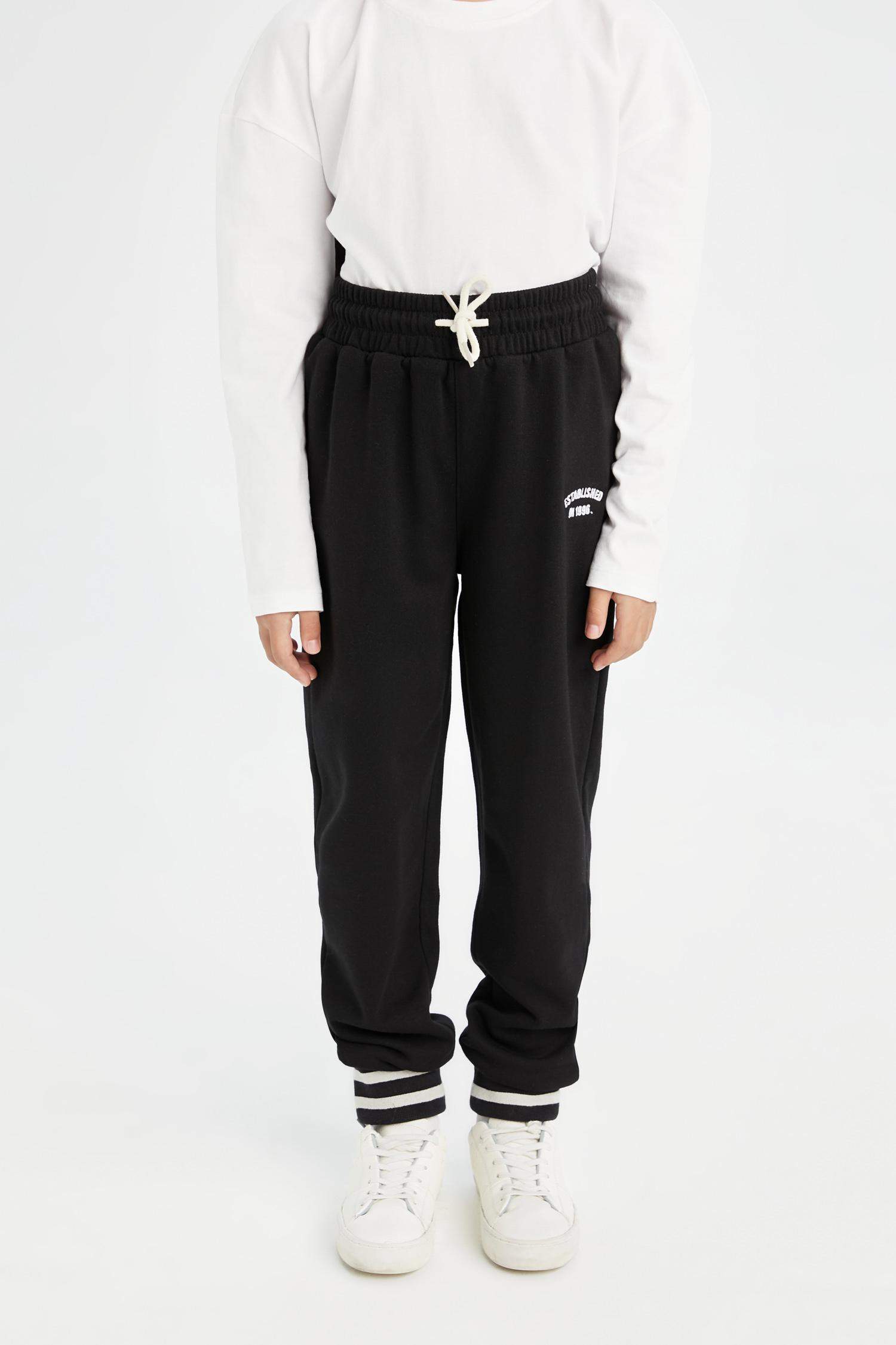 Kız Çocuk Siyah Beli Paçası Lastikli Baskılı Jogger Eşofman Altı