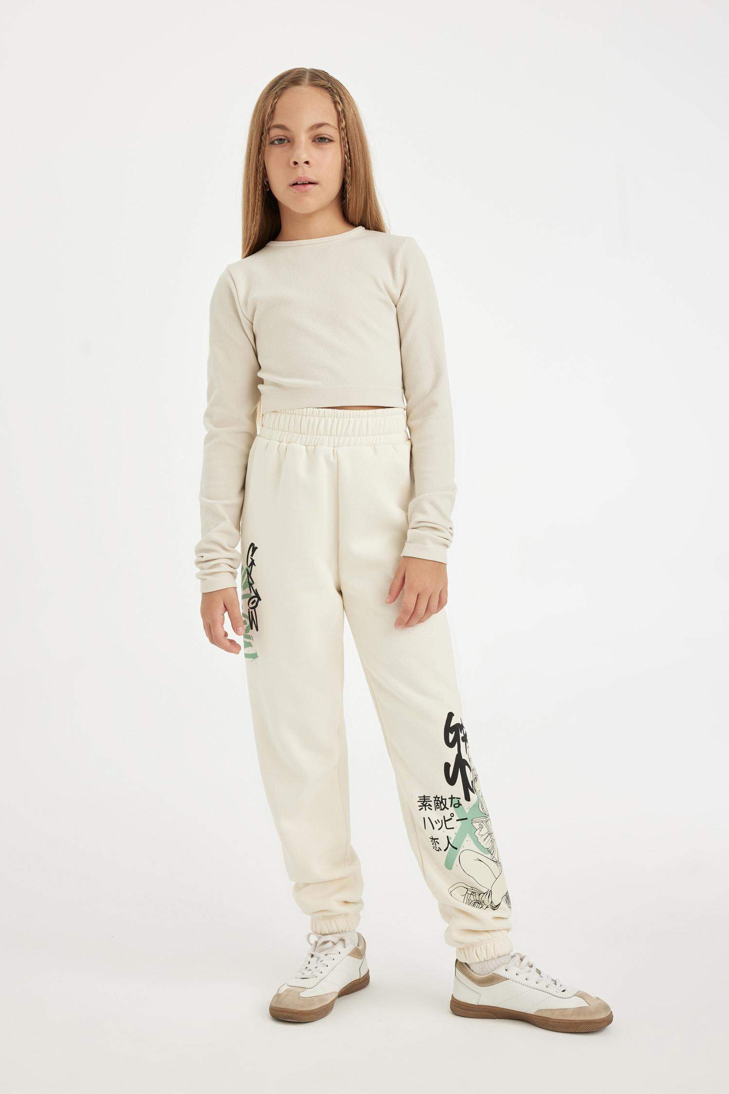 Kız Çocuk Beli Paçası Lastikli Baskılı Jogger Eşofman Altı