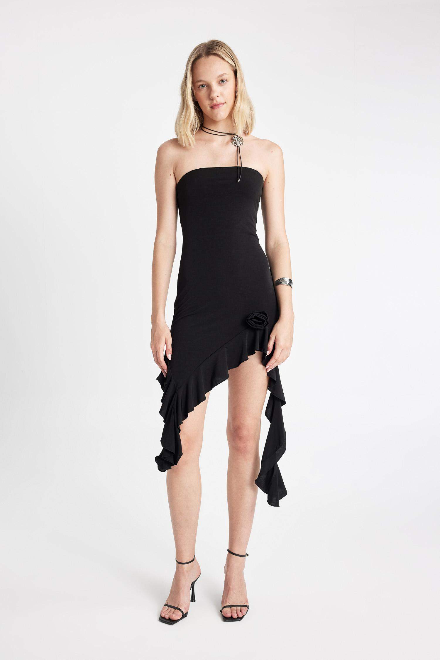 Straplez Asimetrik Mini Abiye Elbise