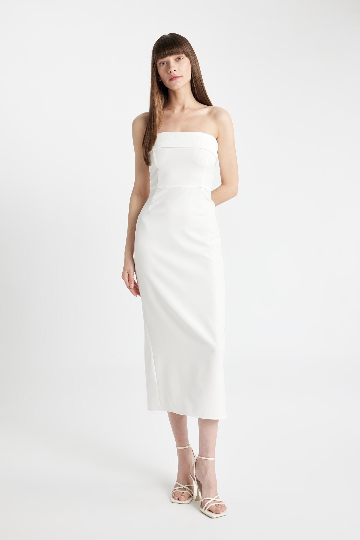 DeFacto Bodycon Vücudu Saran Straplez Maxi Abiye Elbise görsel 5