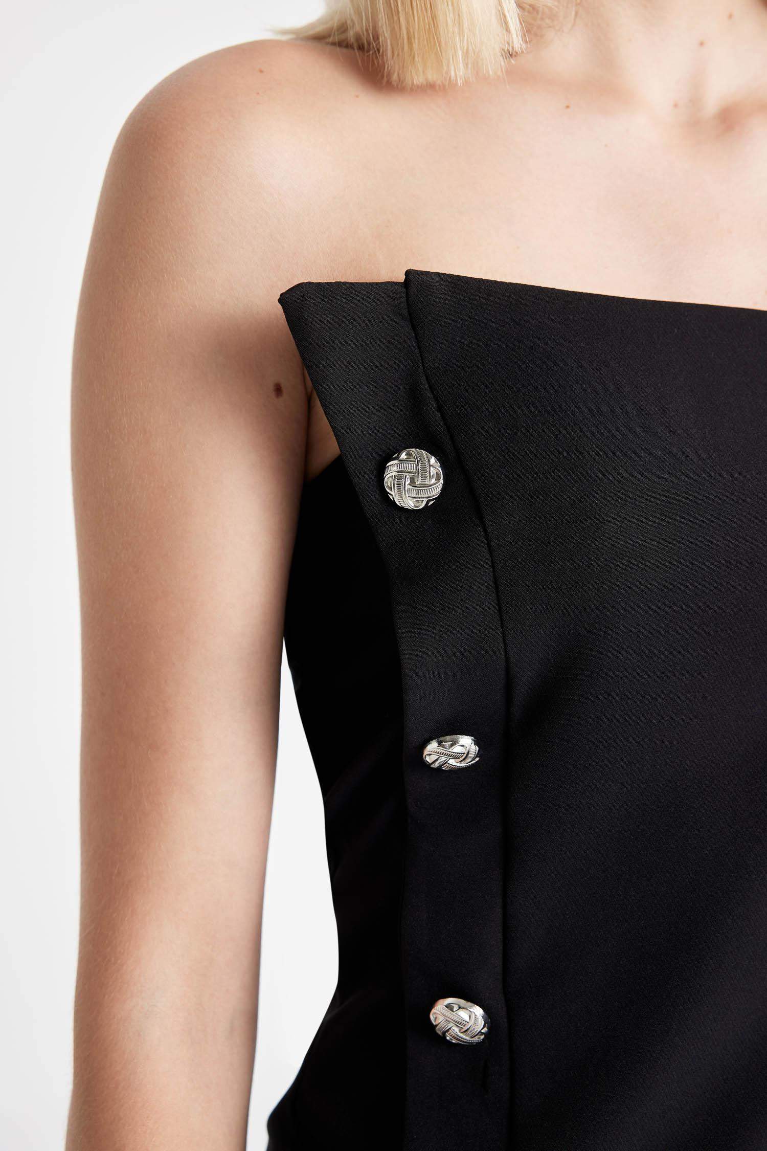 Straplez Düğme Detaylı Mini Elbise