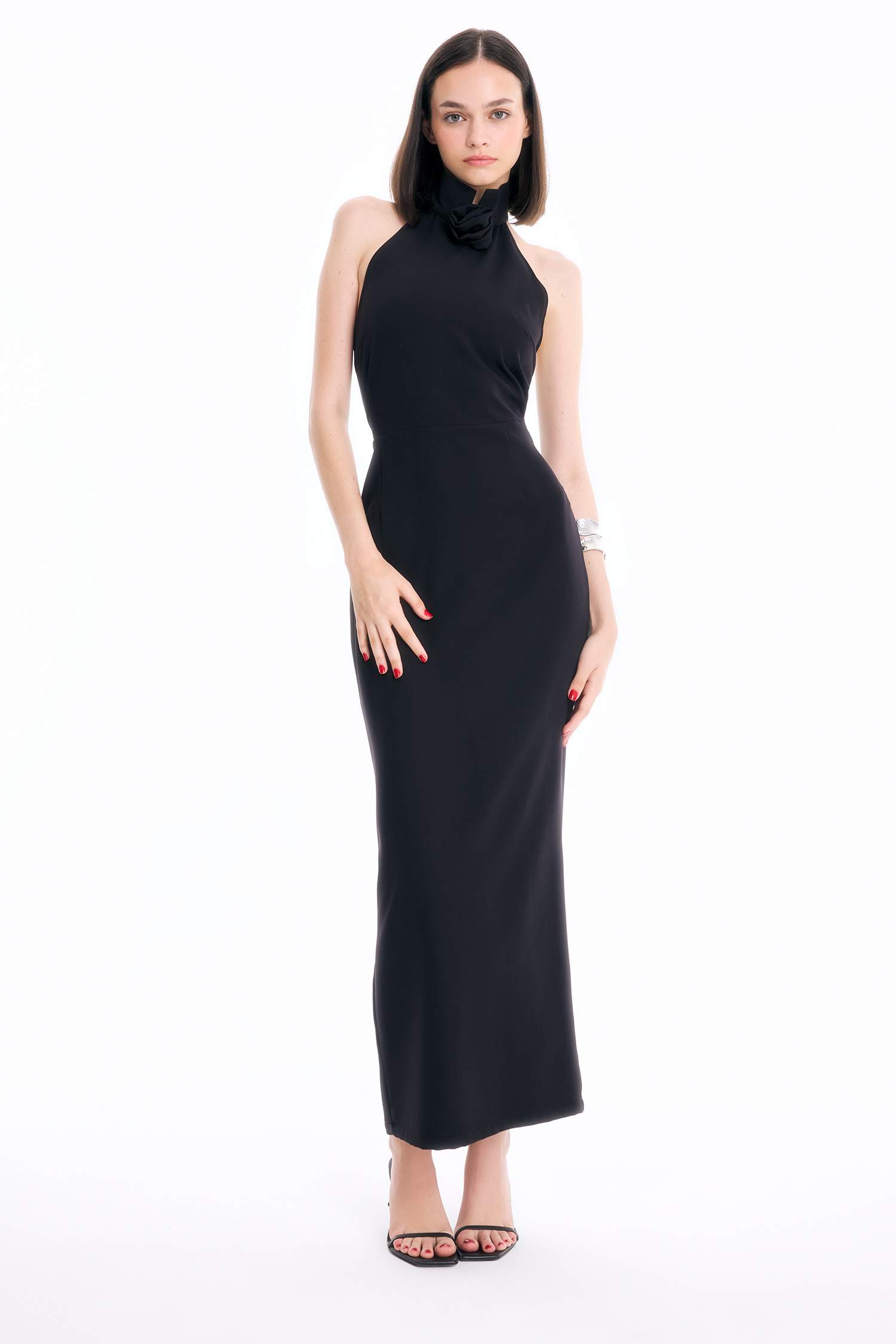 Bodycon Vücudu Saran Halter Yaka Kolsuz Maxi Abiye Elbise