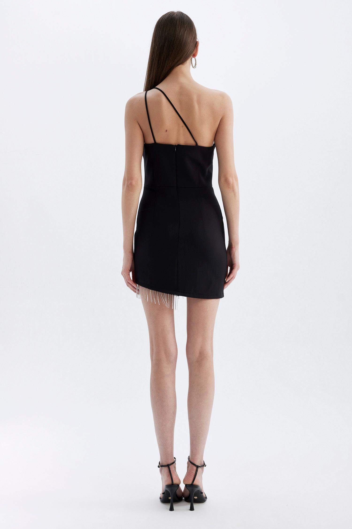 Bodycon Vücudu Saran Tek Omuzlu Kolsuz Mini Abiye Elbise