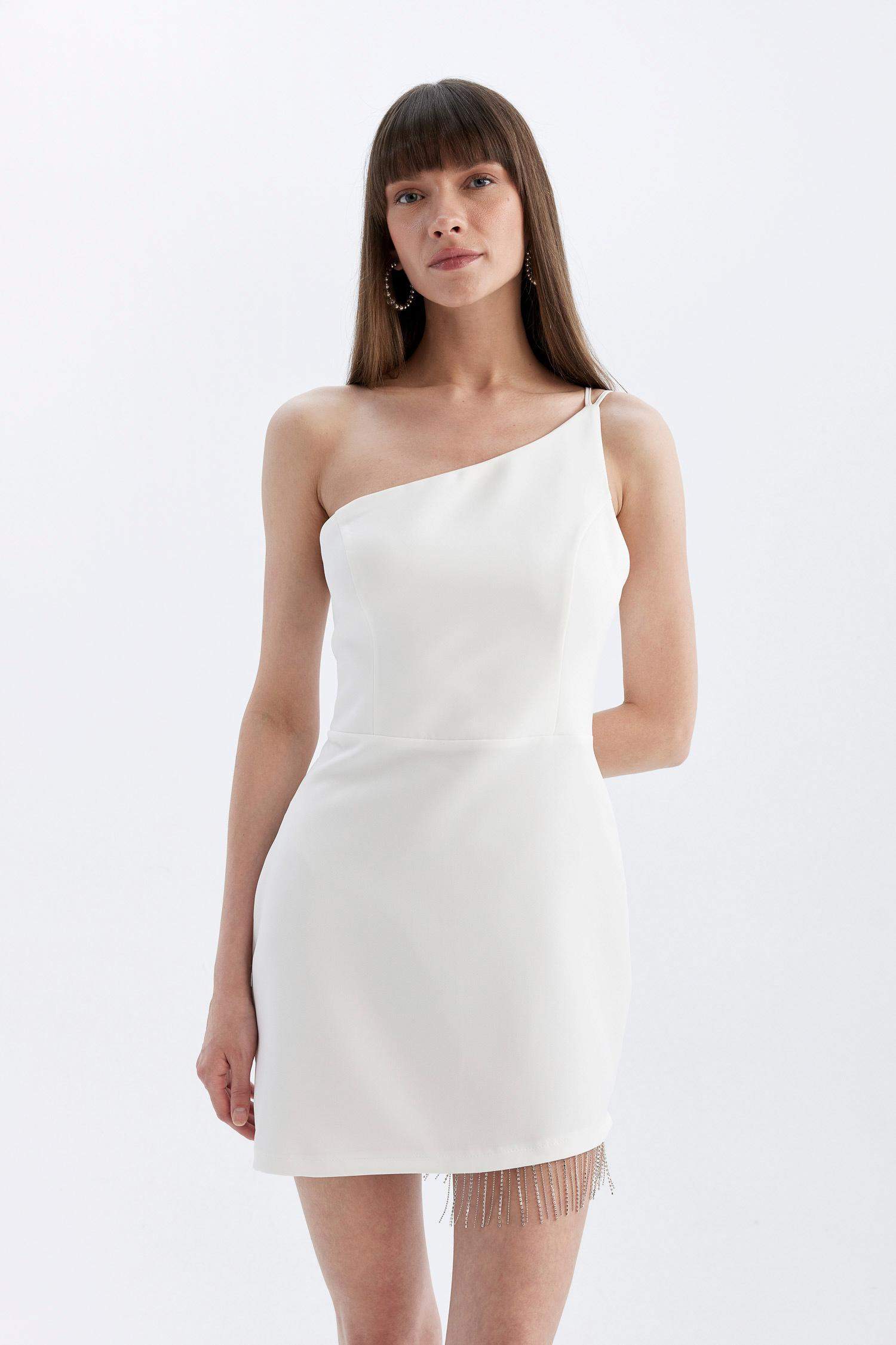 Bodycon Vücudu Saran Tek Omuzlu Kolsuz Mini Abiye Elbise