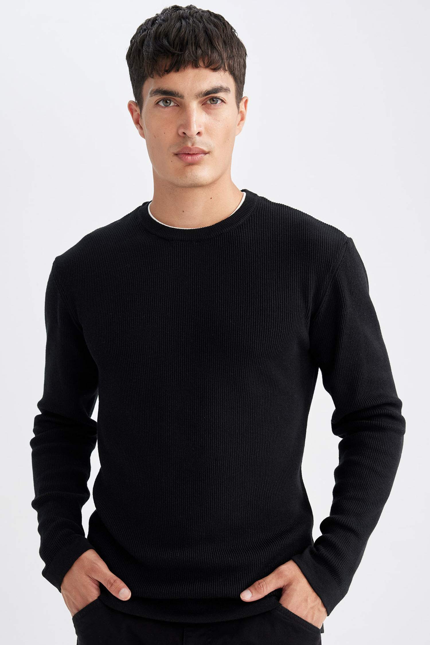 Relax Fit Bisiklet Yaka Yaka İçi Penye Detaylı Pamuklu Triko Kazak