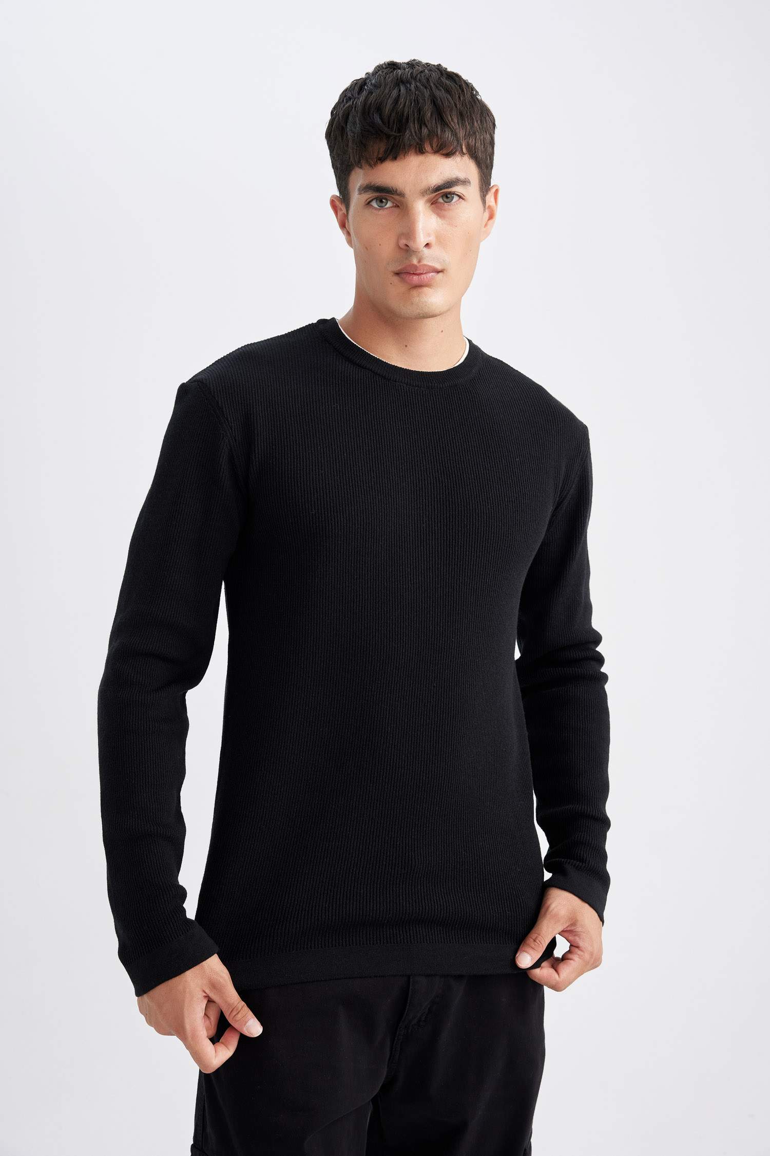 Relax Fit Bisiklet Yaka Yaka İçi Penye Detaylı Pamuklu Triko Kazak