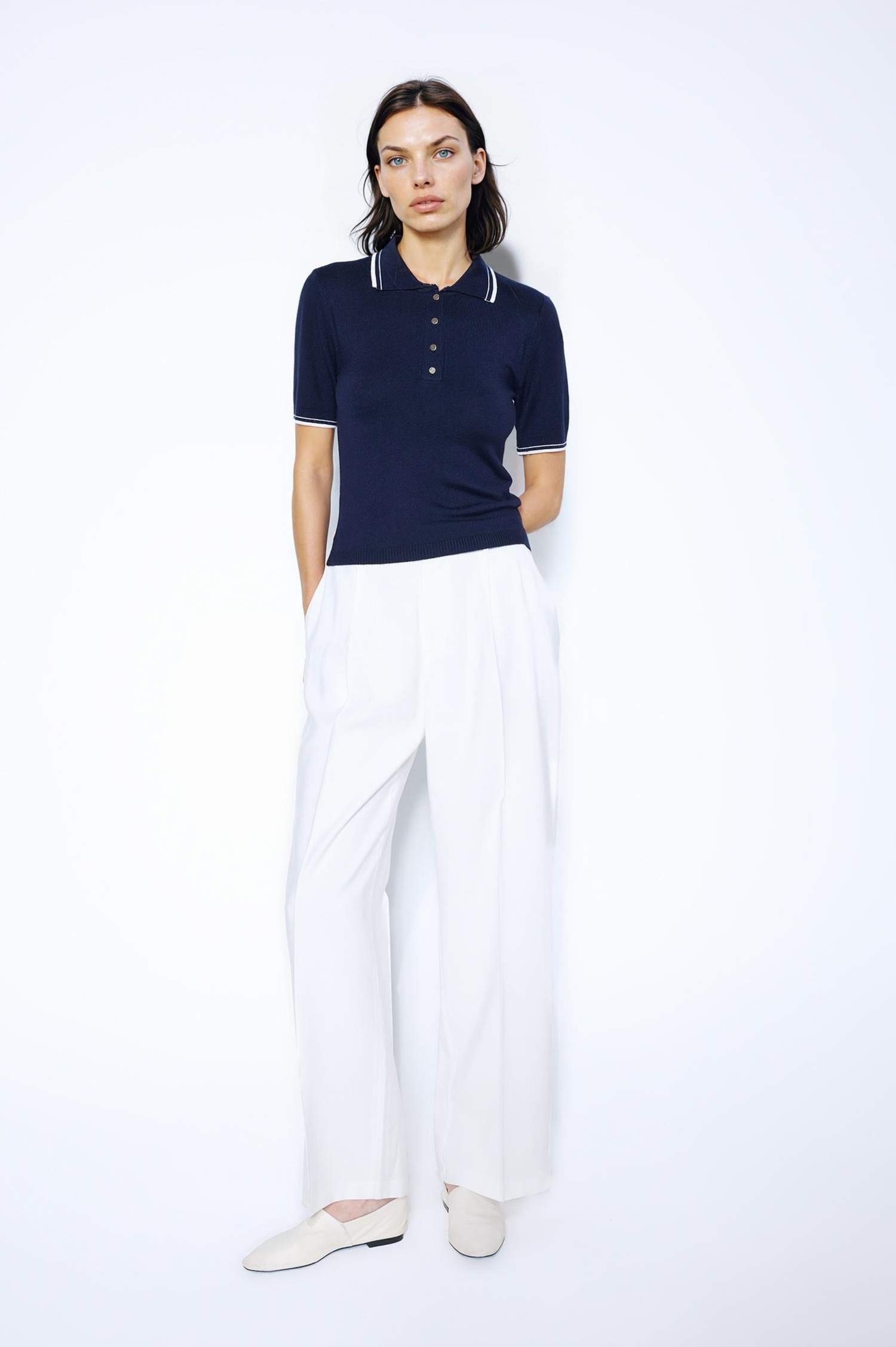 Regular Fit Polo Yaka Düğmeli Basic Düz Kısa Kollu Triko Kazak