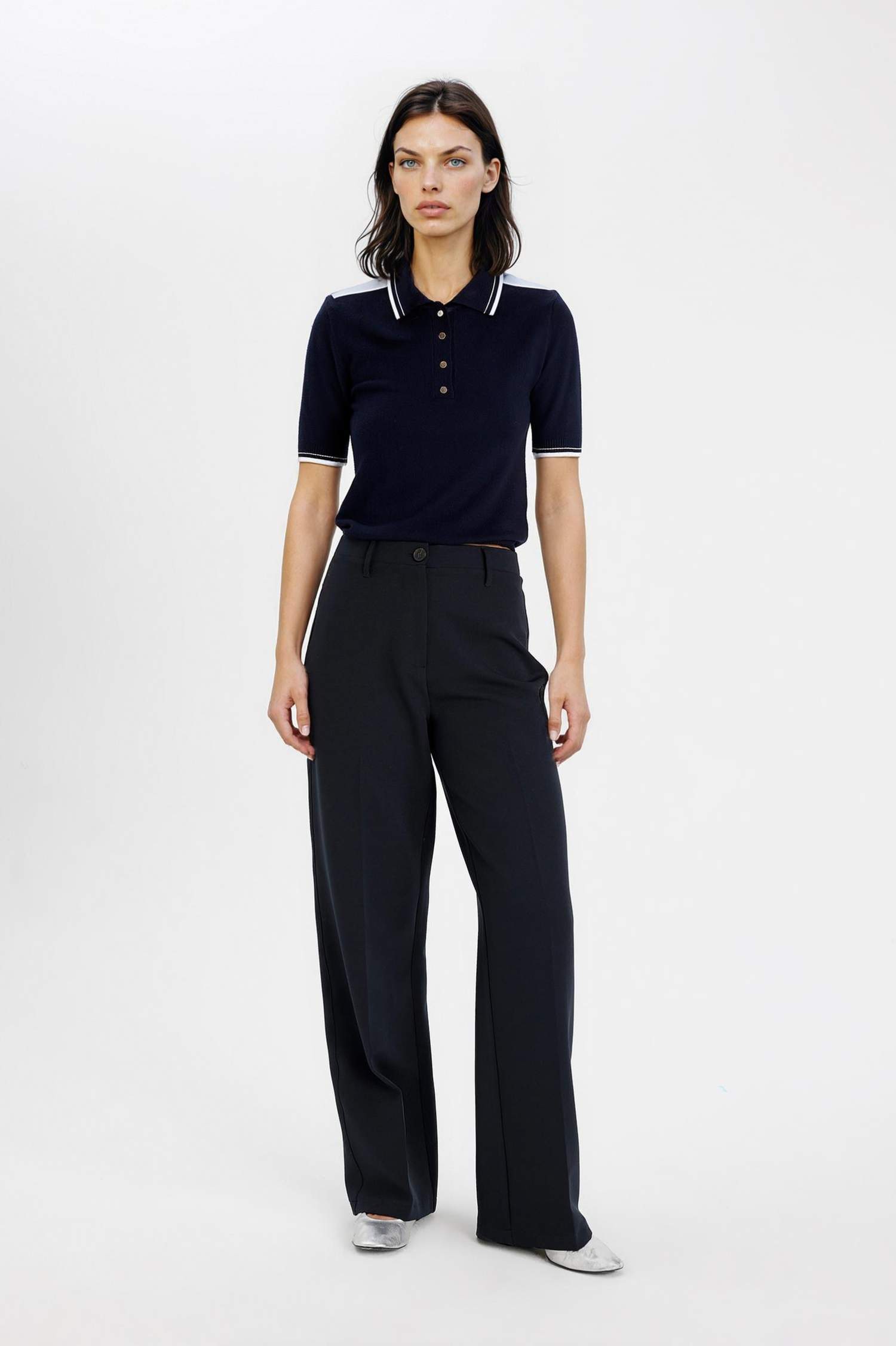 Regular Fit Polo Yaka Düğmeli Basic Düz Kısa Kollu Triko Kazak