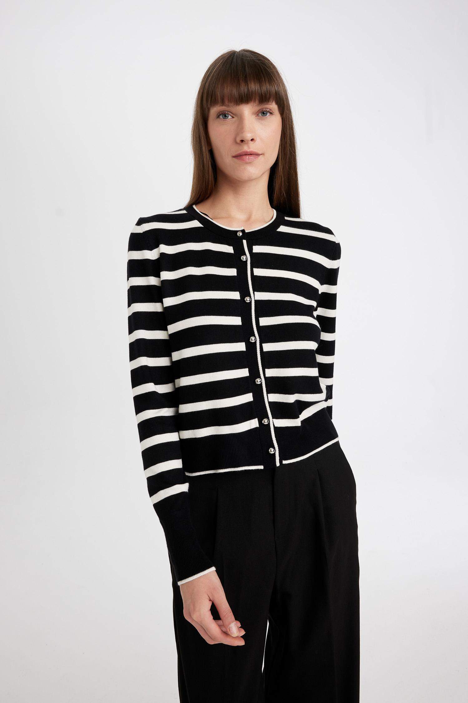 Regular Fit Striped Crew Neck Cardigan