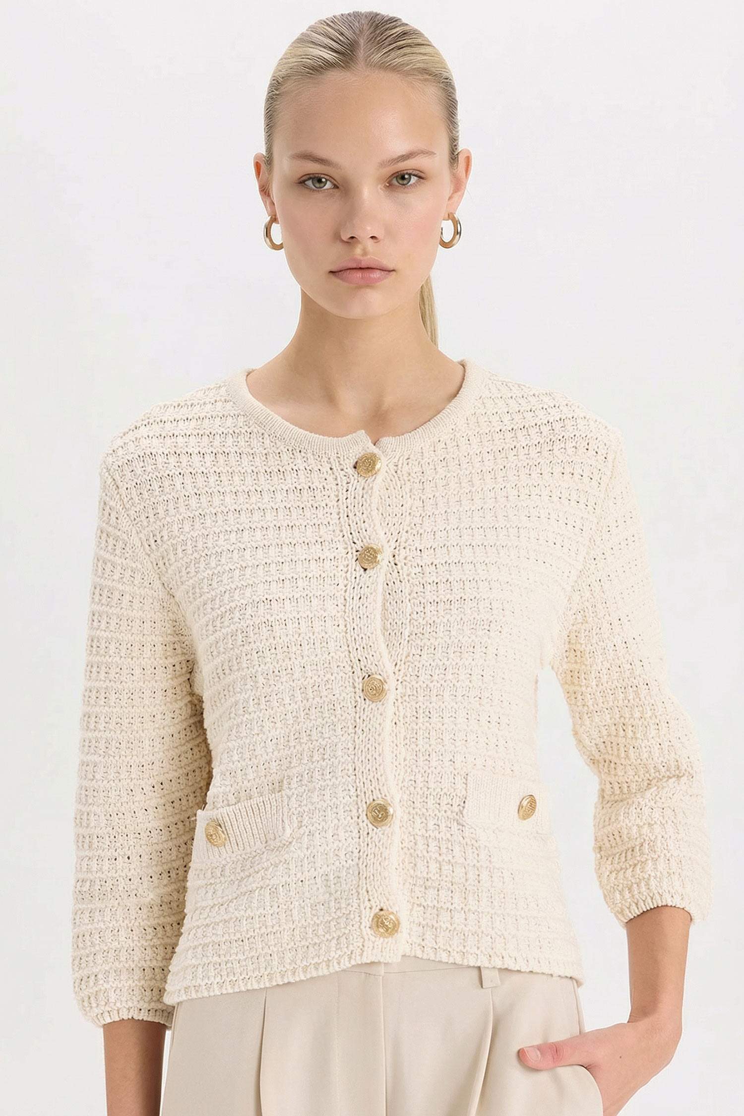 Regular Fit Bisiklet Yaka Dokulu Düğmeli Triko Hırka