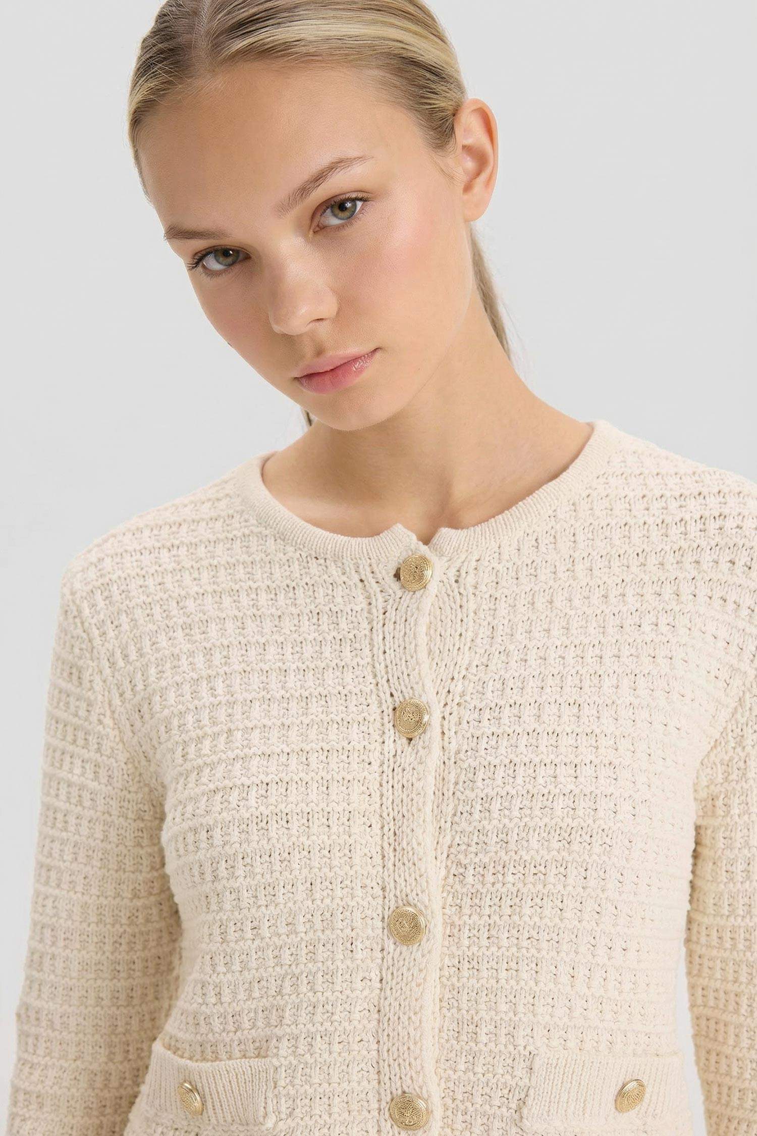 Regular Fit Bisiklet Yaka Dokulu Düğmeli Triko Hırka