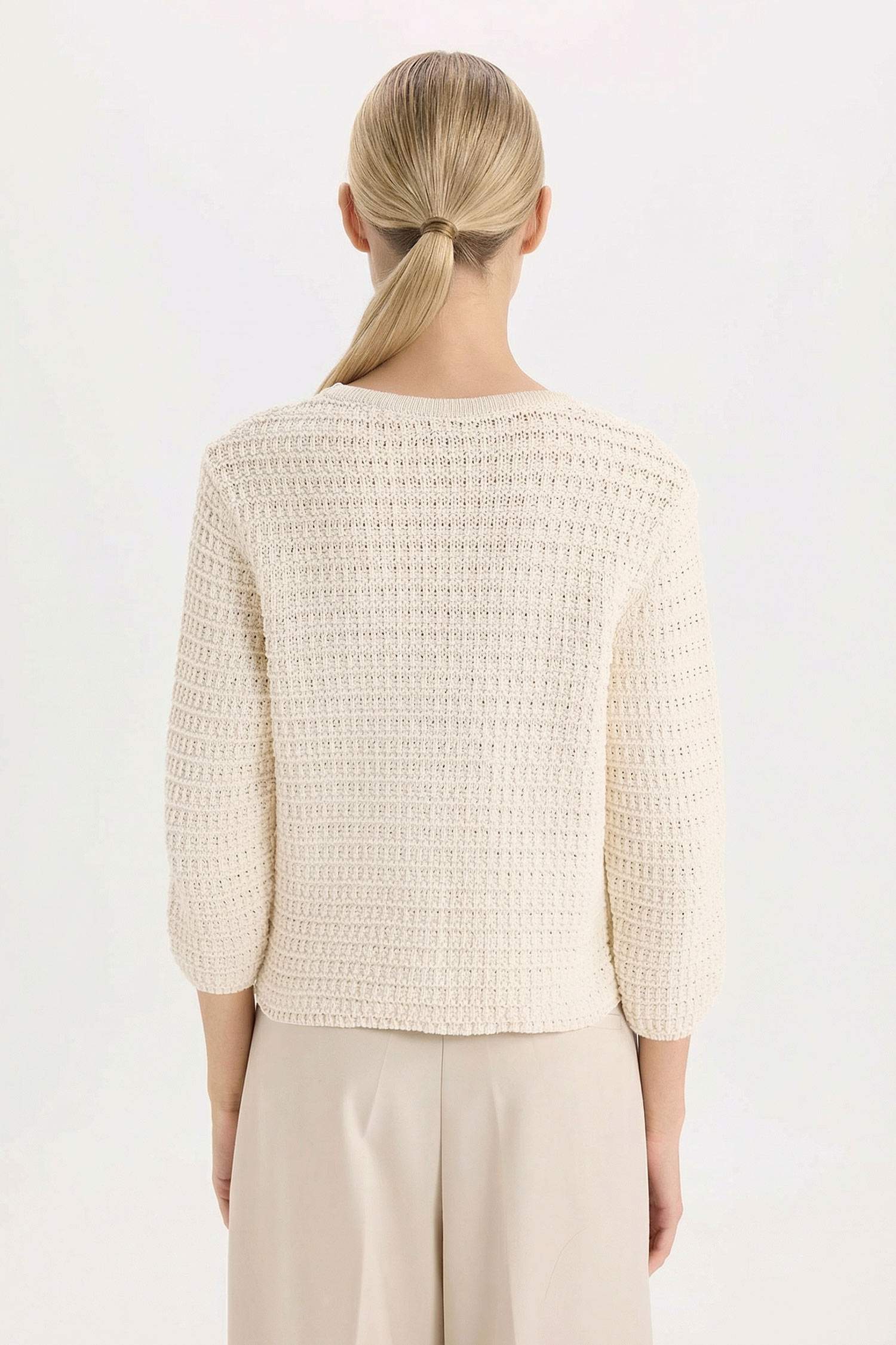 Regular Fit Bisiklet Yaka Dokulu Düğmeli Triko Hırka