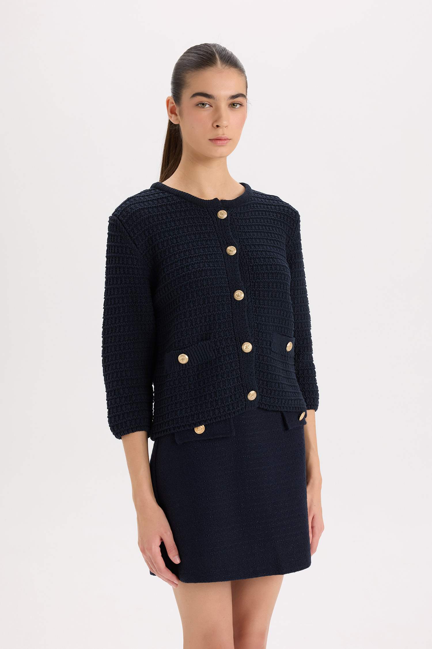 Regular Fit Bisiklet Yaka Dokulu Düğmeli Triko Hırka