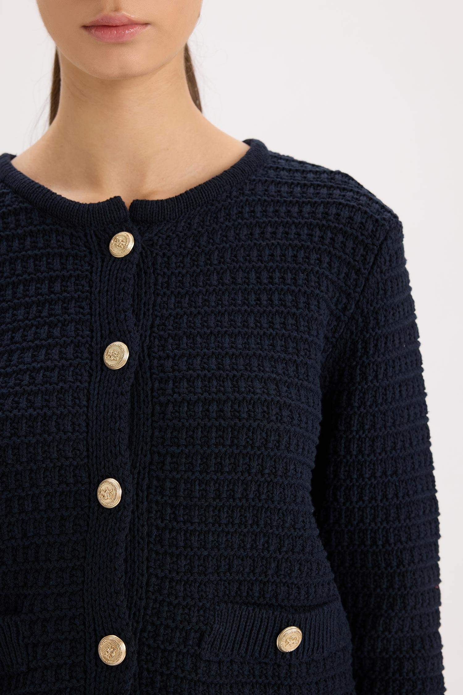 Regular Fit Bisiklet Yaka Dokulu Düğmeli Triko Hırka