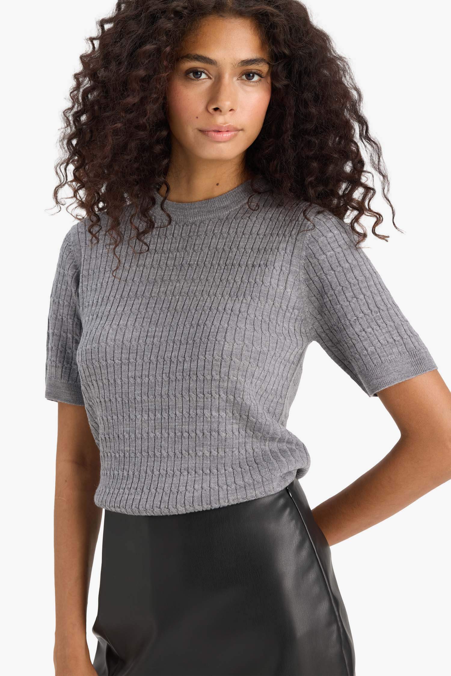 Pull tricot à col rond et manches courtes Coupe régulière