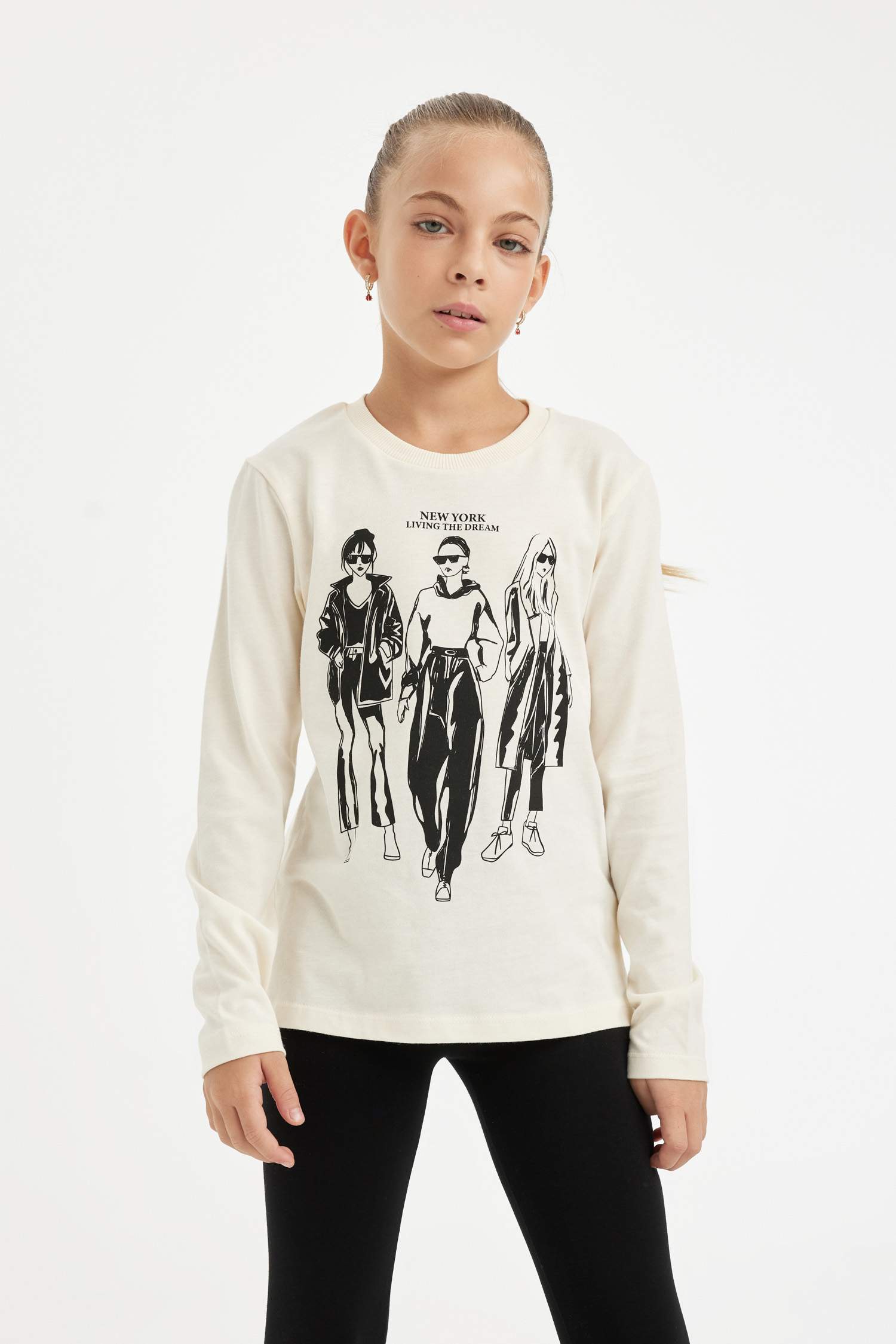 Kız Çocuk Relax Fit Bisiklet Yaka Baskılı Uzun Kollu Tişört