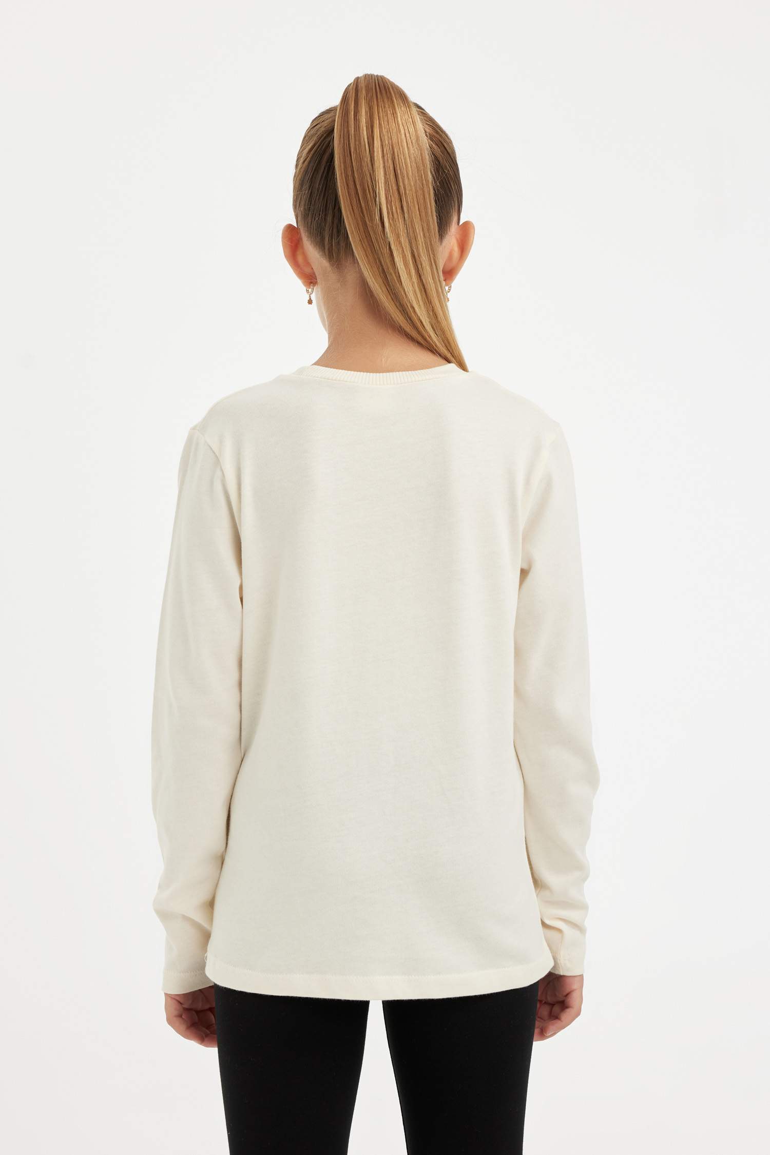 Kız Çocuk Relax Fit Bisiklet Yaka Baskılı Uzun Kollu Tişört