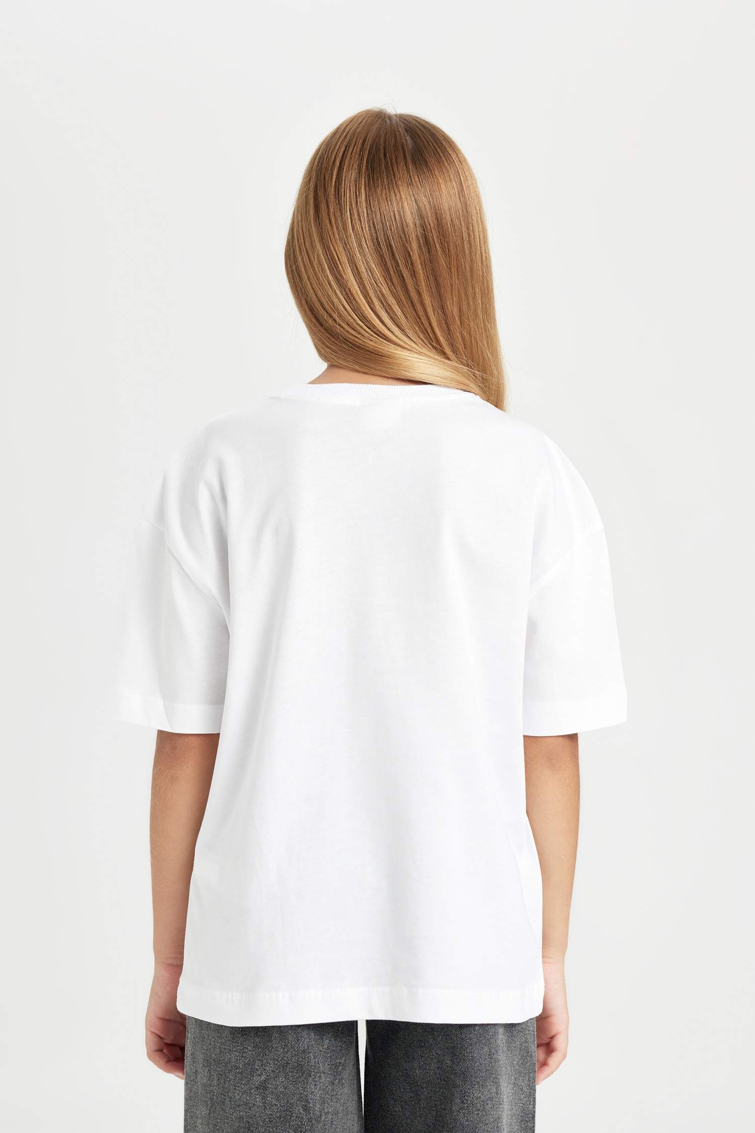 Kız Çocuk Oversize Geniş Kalıp Bisiklet Yaka Basic Düz Kısa Kollu Tişört