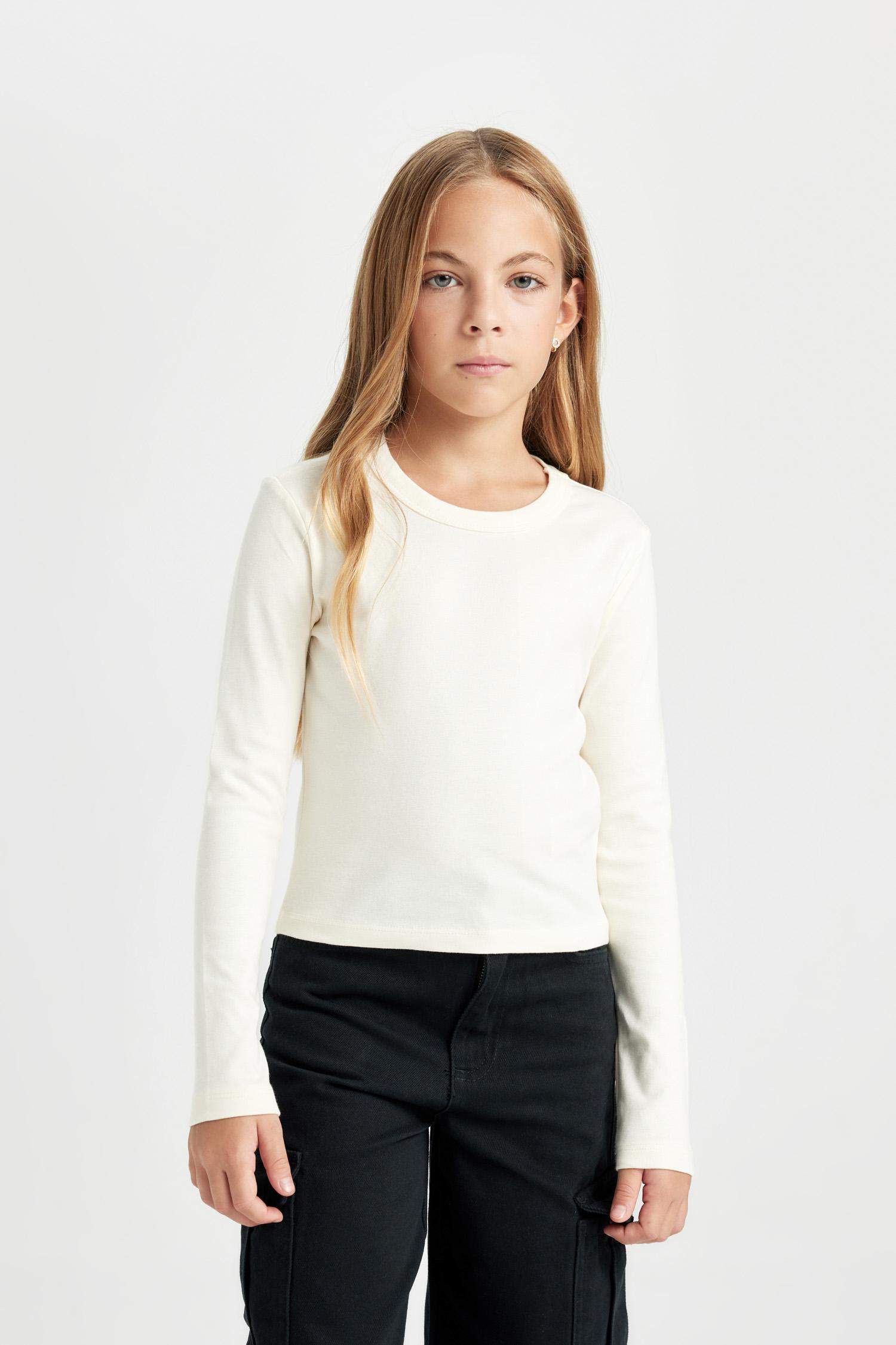 تيشيرت كروب بناتي كم طويل مضلع بطبعة شعار برقبة مستديرة - قطعتين