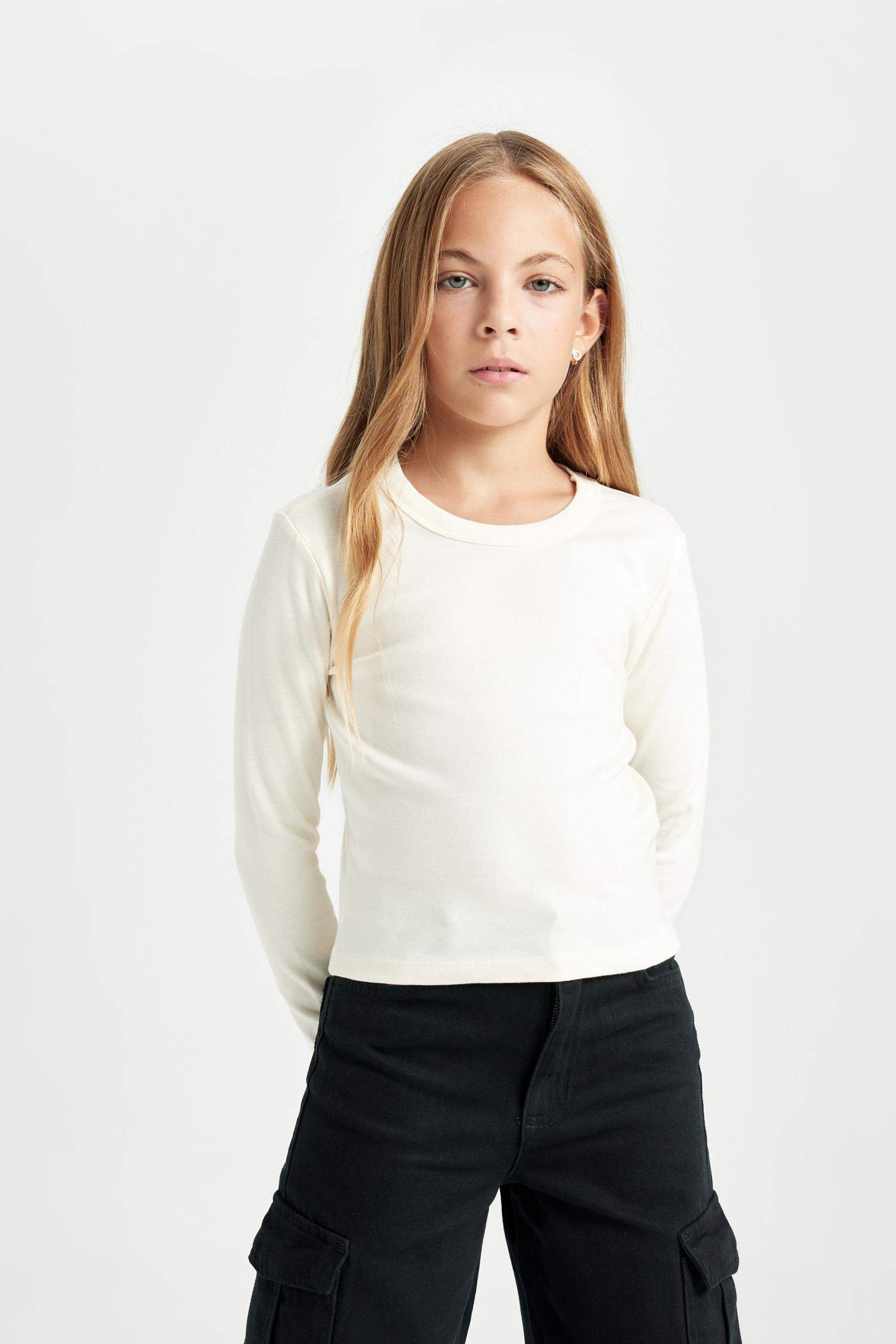 تيشيرت كروب بناتي كم طويل مضلع بطبعة شعار برقبة مستديرة - قطعتين