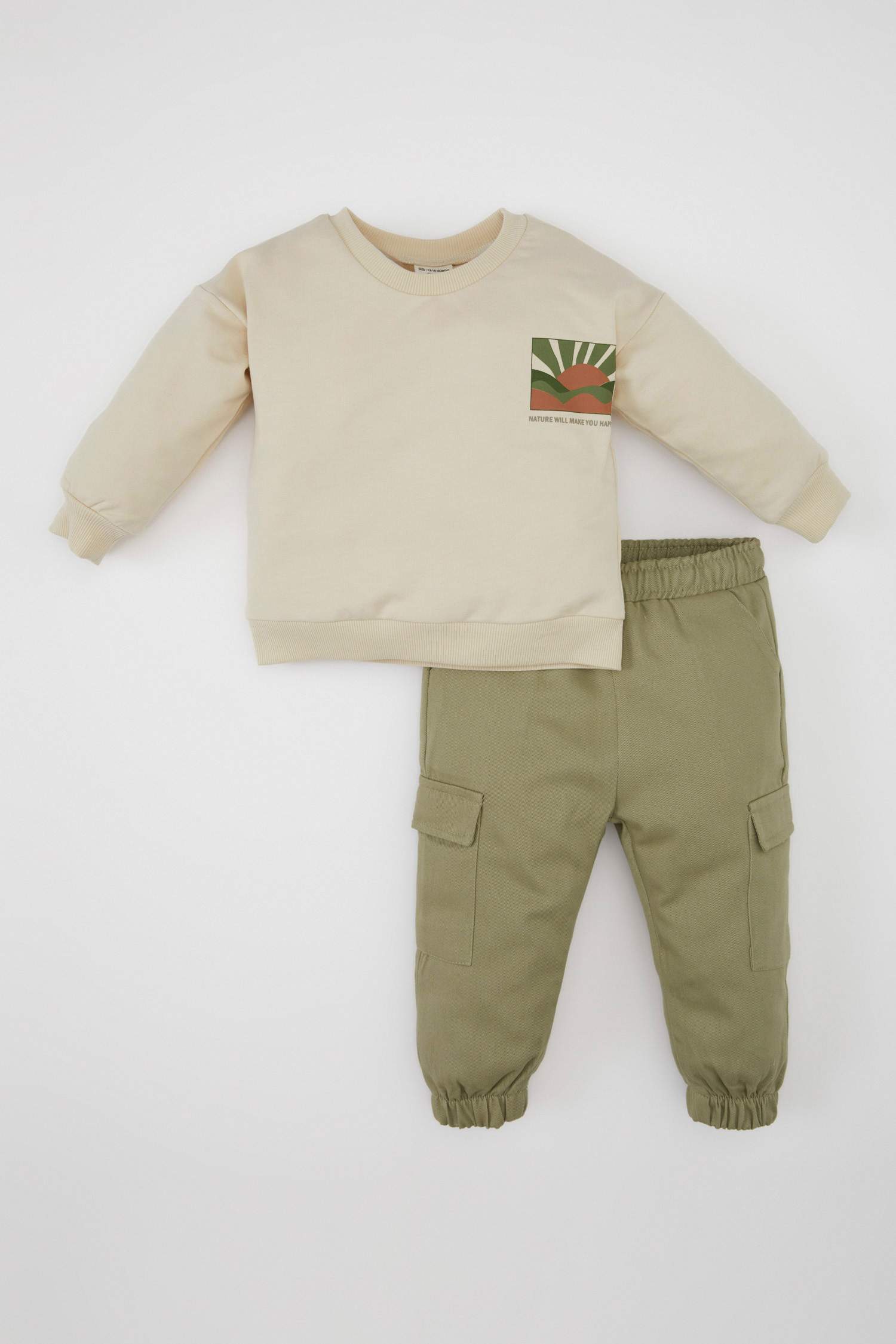 Erkek Bebek 2'li Takım Baskılı Sweatshirt Kargo Cepli Beli Lastikli Pantolon